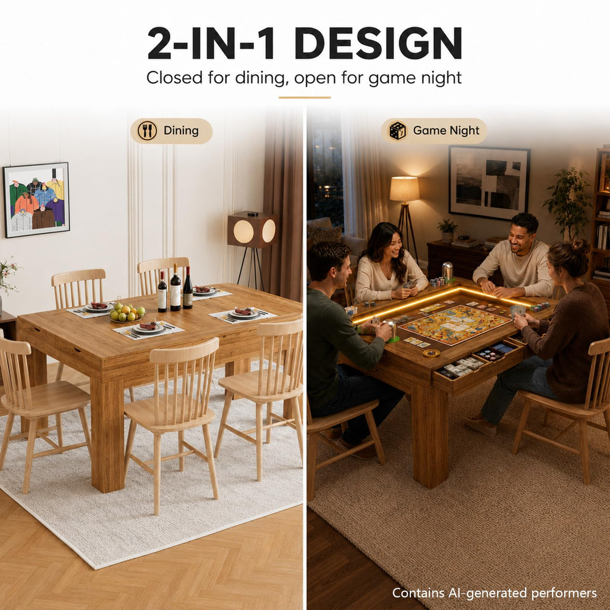 TORESOE Board Game Table with LED, Removable Top, Gaming Dining & RPG Table