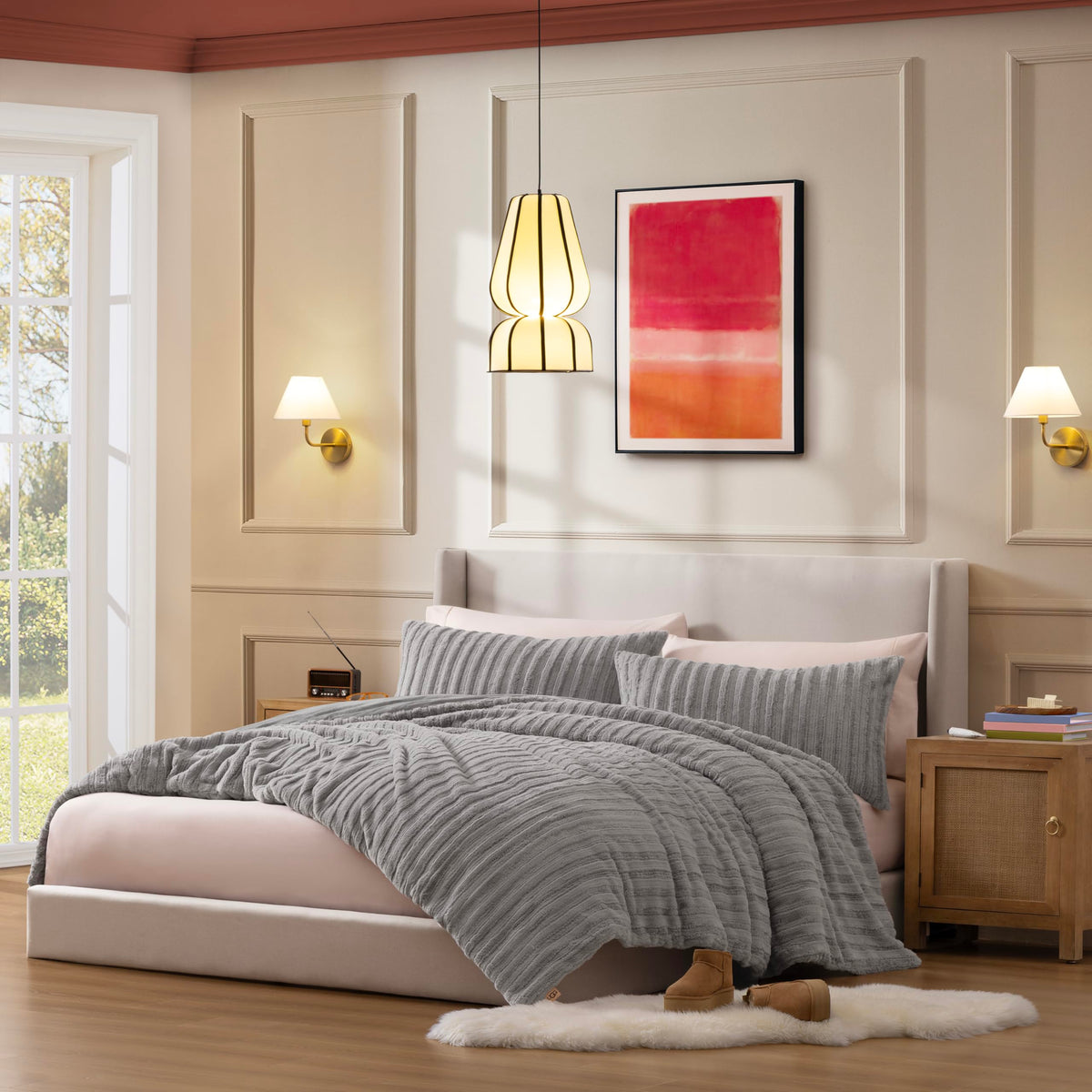 Grey Faux Fur King Comforter Set