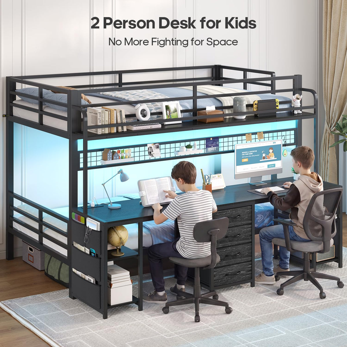 Twin Bunk Bed with Desk & LED Lights