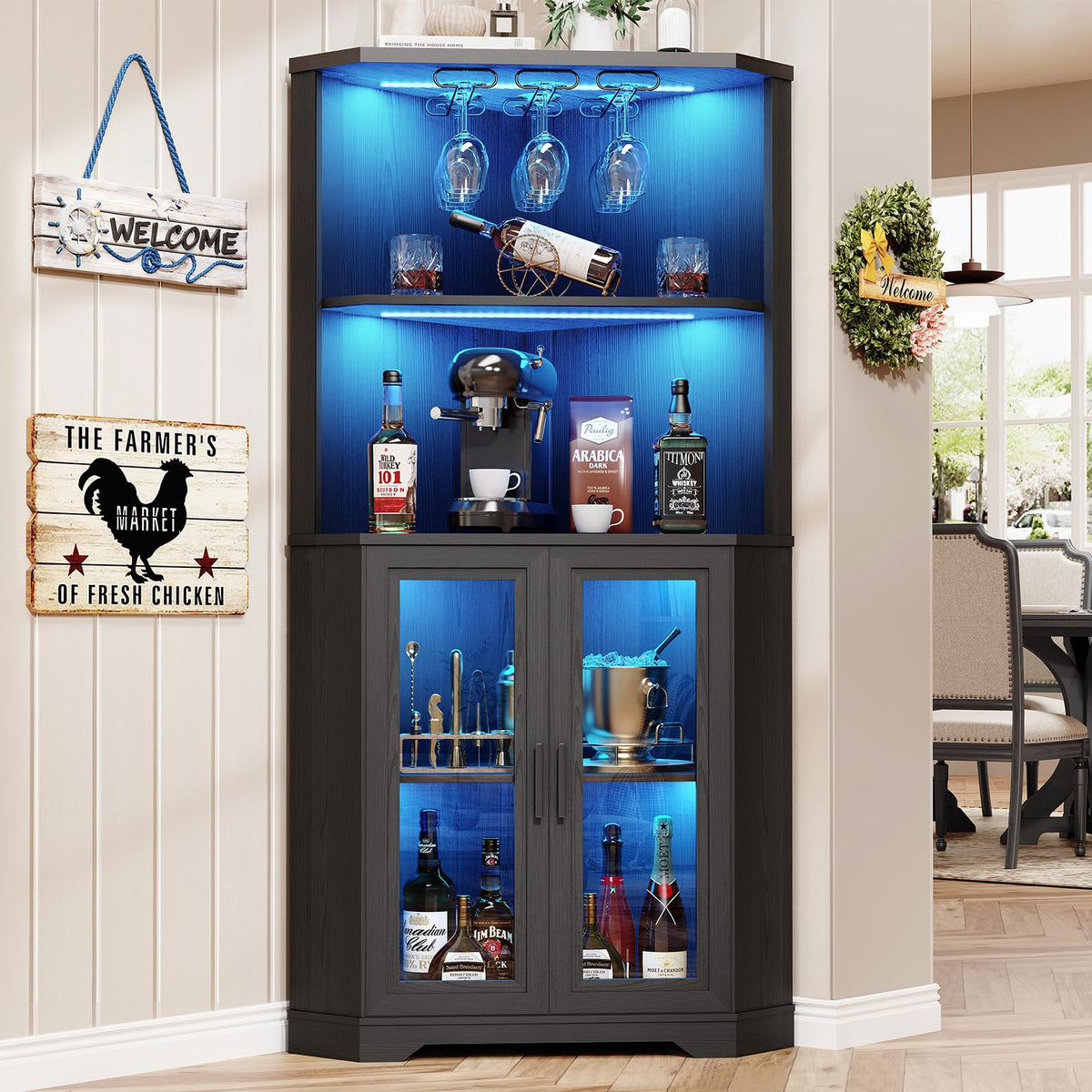Aauro Home 65" Tall Corner Bar Cabinet with LED Lights & Glass Holder