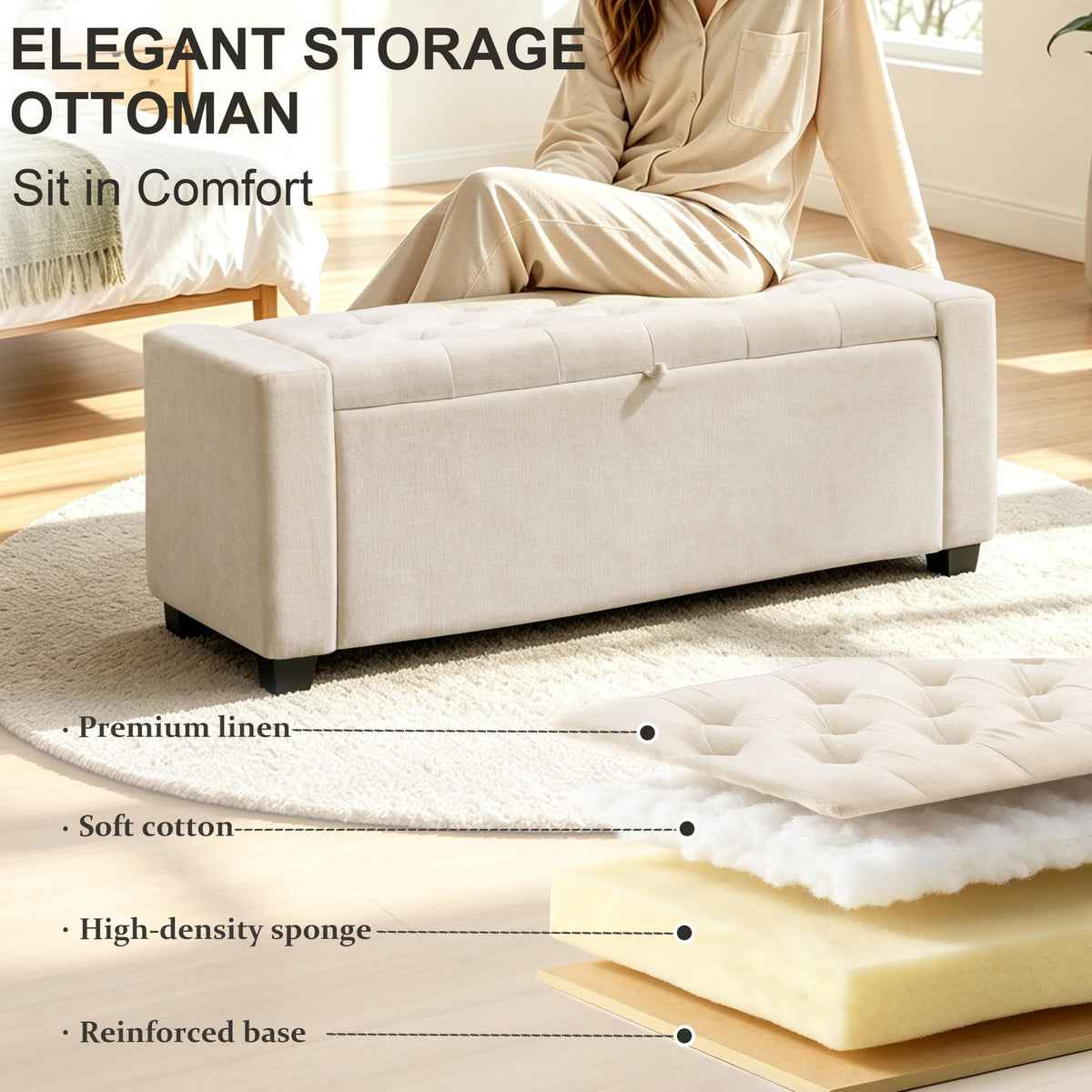 48" Ottoman with Storage, Tufted Linen Storage Ottoman Bench, Beige