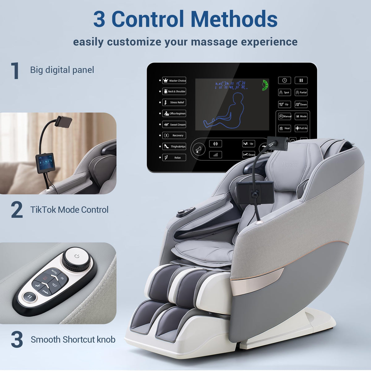 MYNTA Massage Chair Full Body, 170° Flexible SL Track Shiatsu Massage Chairs with Zero Gravity, Bluetooth Speaker, Airbags & Heating, MC1650(Grey)