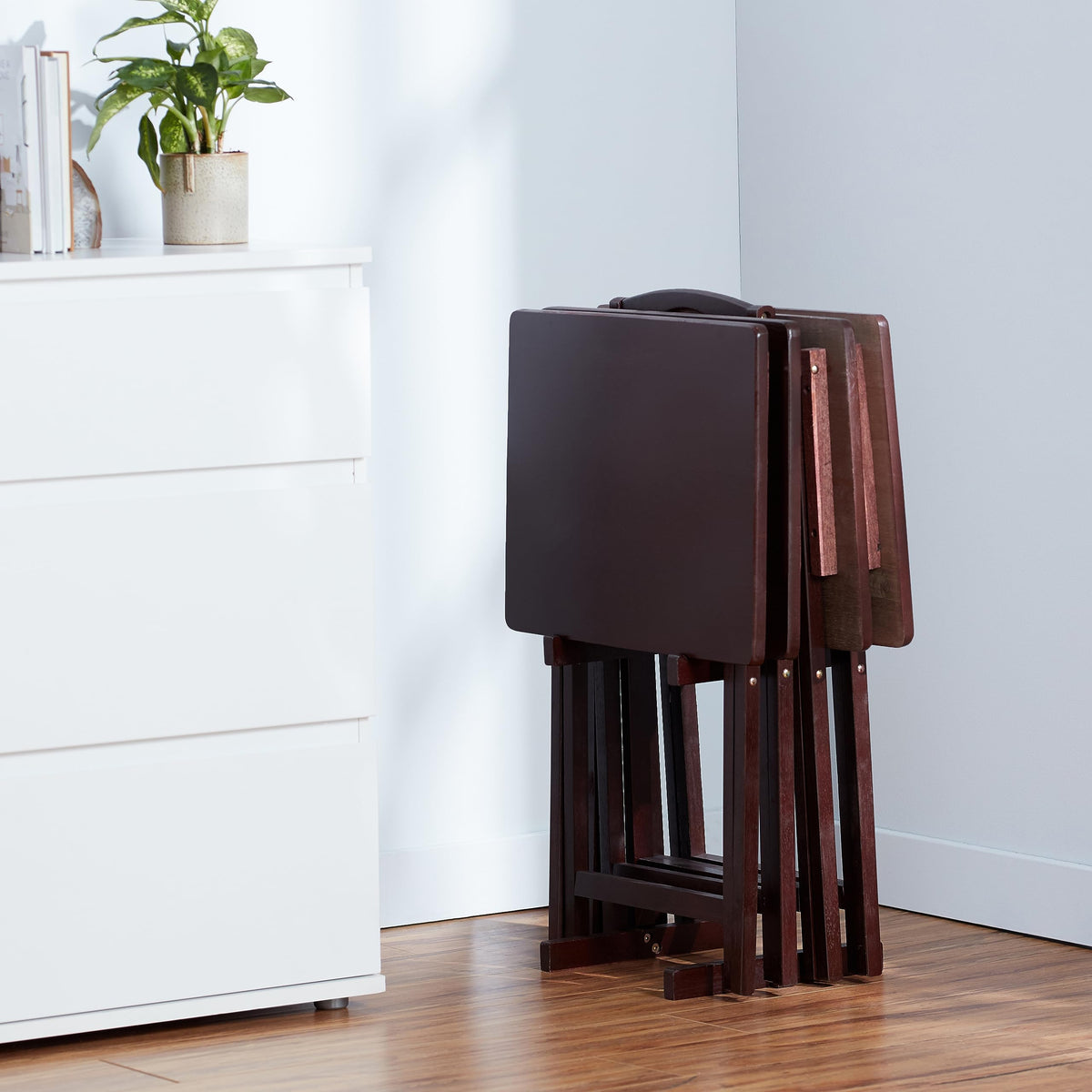 Espresso Folding TV Tray Tables with Rack