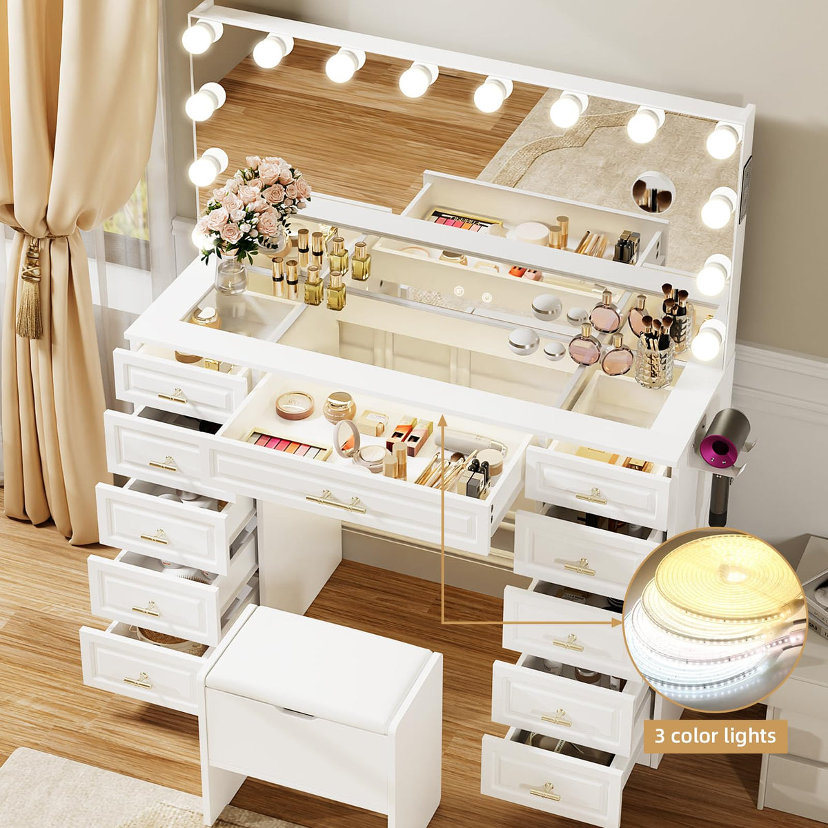 VOWNER Vanity with Lighted Mirror, Makeup Vanity Desk w/Bluetooth Speaker