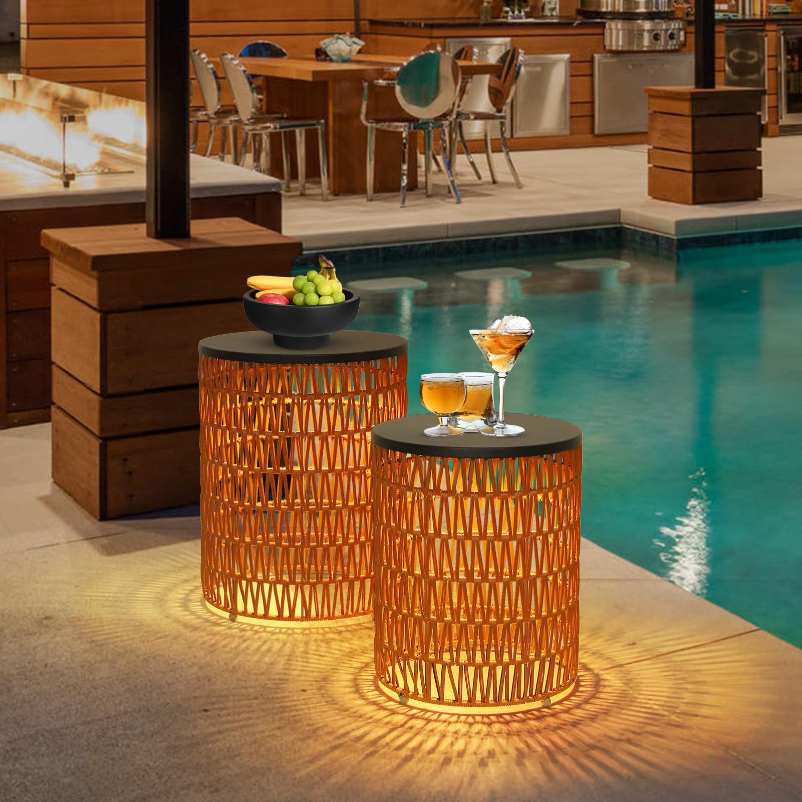 Boho Outdoor Side Table Set of 2 with Dimmable Light