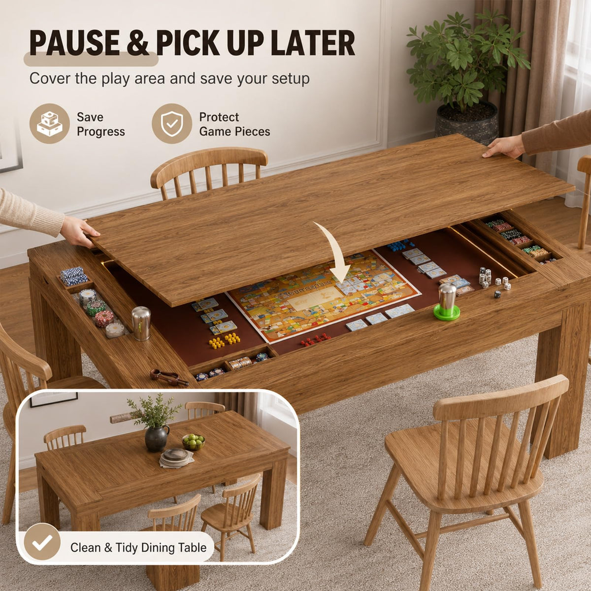TORESOE Board Game Table with LED, Removable Top, Gaming Dining & RPG Table
