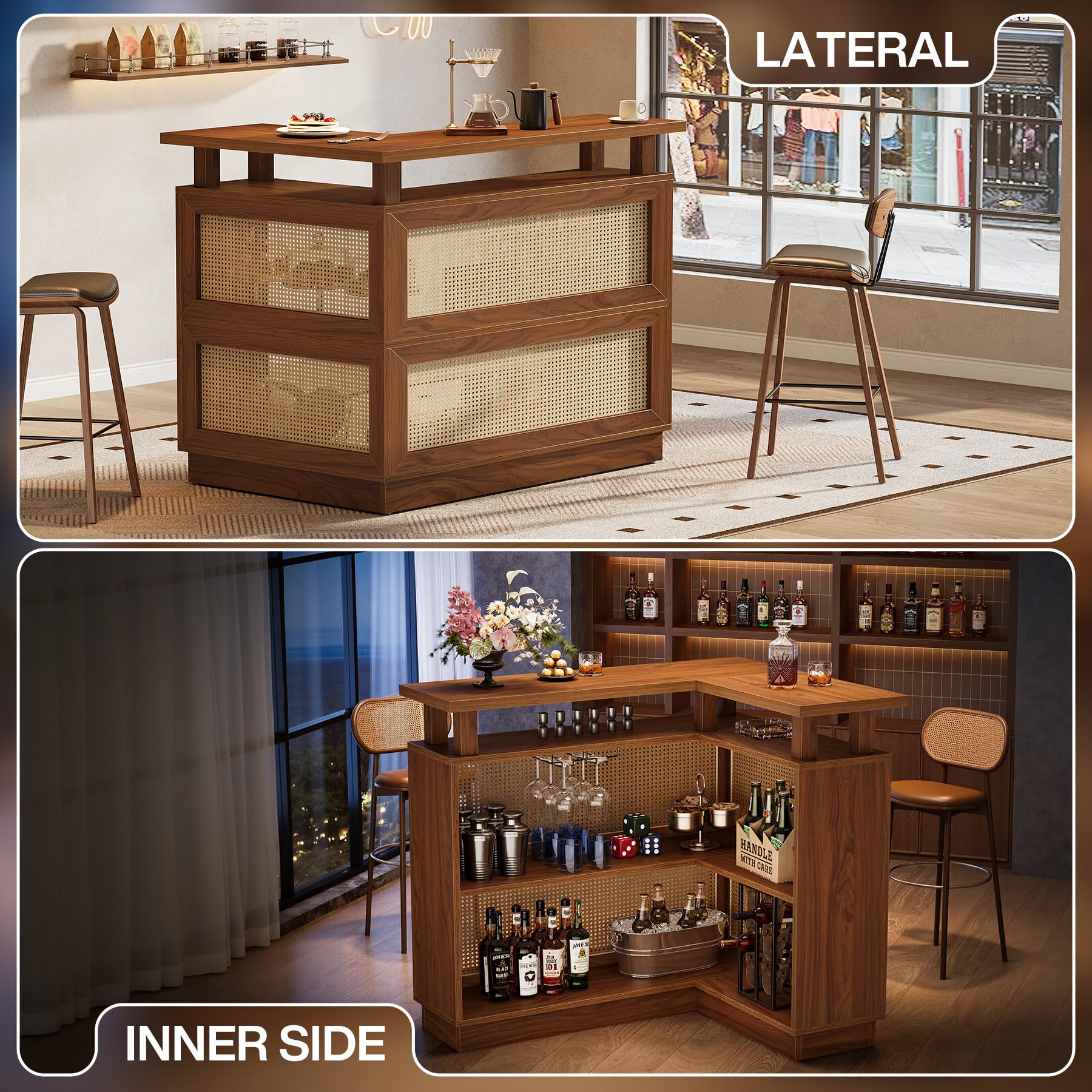 Tribesigns L Shaped Bar Table with 4-Tier Storage Shelf, Rattan Home Bar Unit with 2 Stemware Racks and Heightened Base, Corner Mini Coffee Liquor Cabinet for Home/Kitchen/Pub, Brown