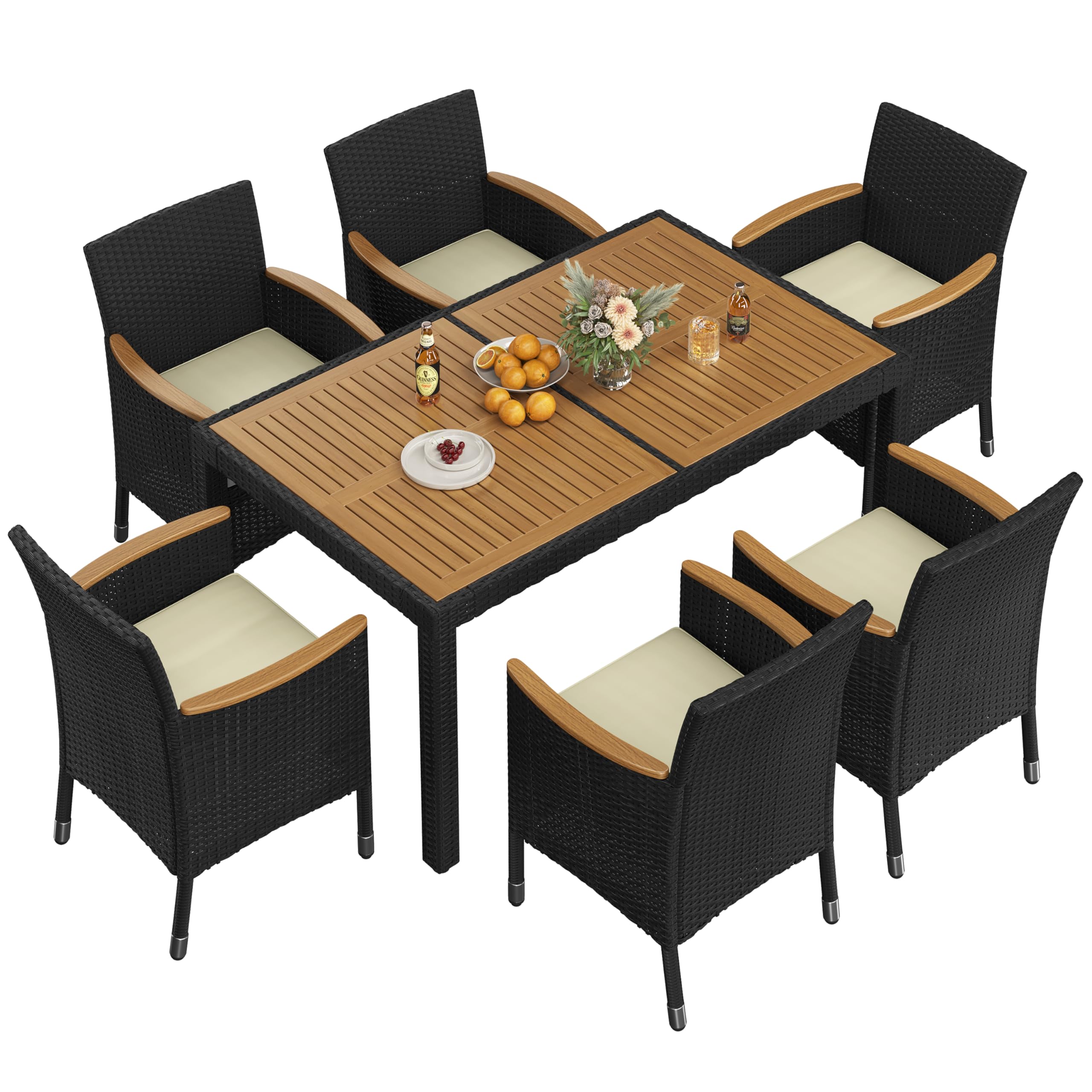 7-Piece Outdoor Rattan Dining Set with Acacia Wood Table & Cushioned Chairs