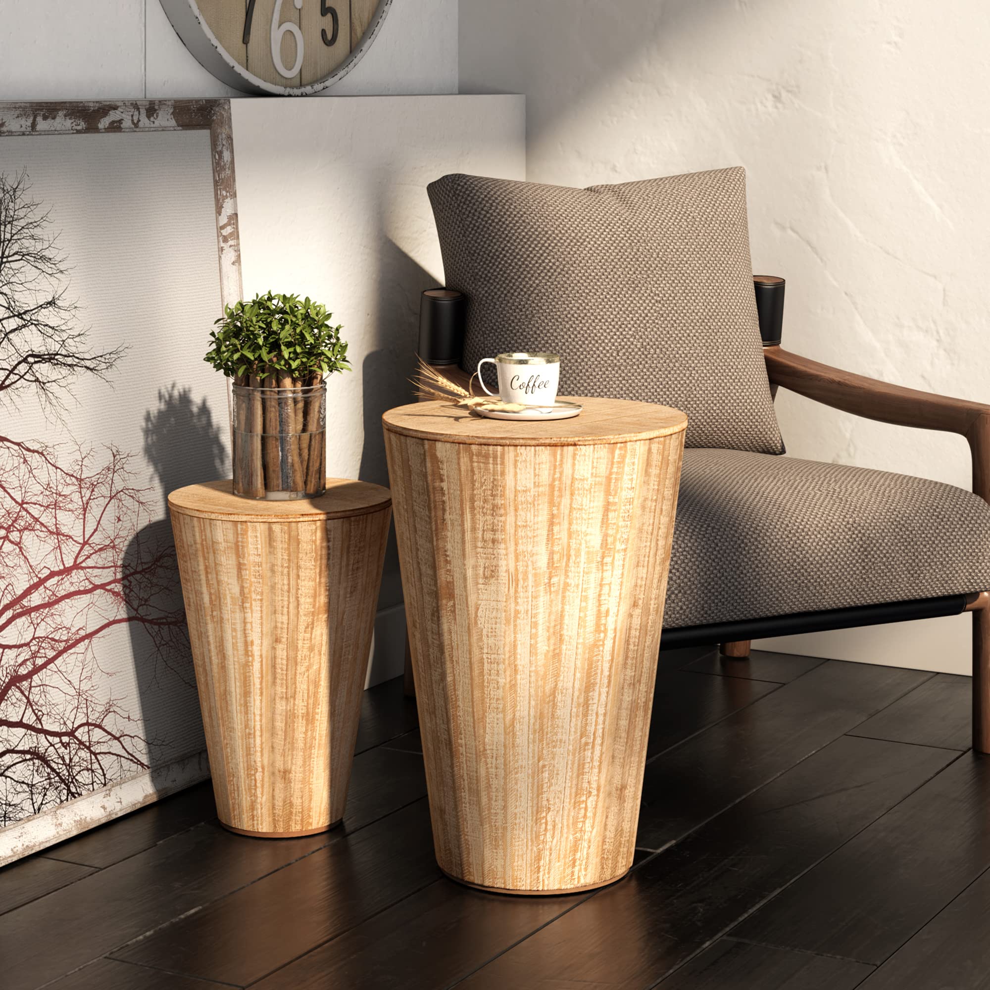 Farmhouse Barrel Side Tables with Storage, Set of 2