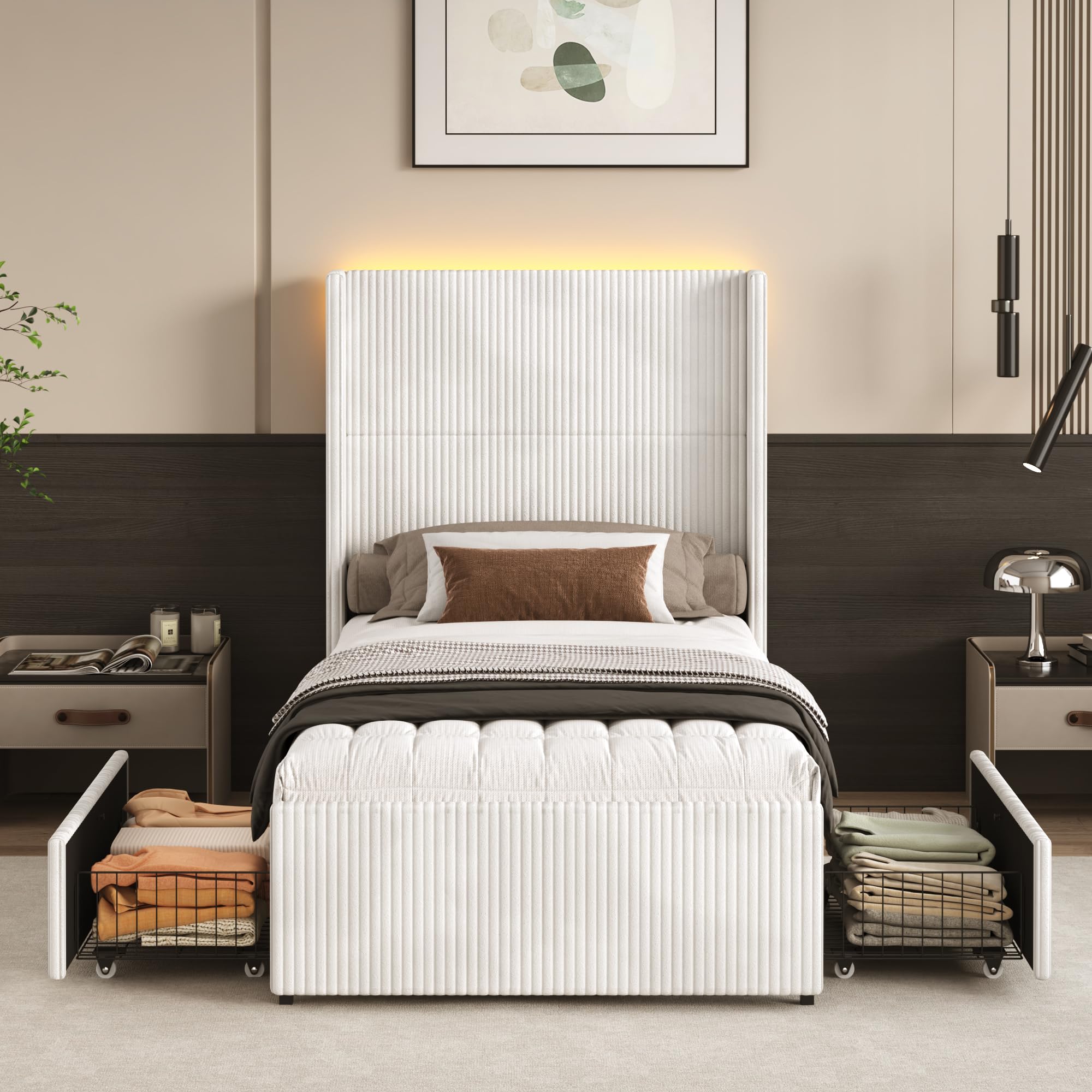 Hlivelood Twin Size Bed Frame with 52” Tall Corduroy Wingback Headboard, Upholstered Platform Bed with 2 Storage Drawers & LED Lights, Vertical Stripes, No Box Spring Needed, Noise-Free, Cream