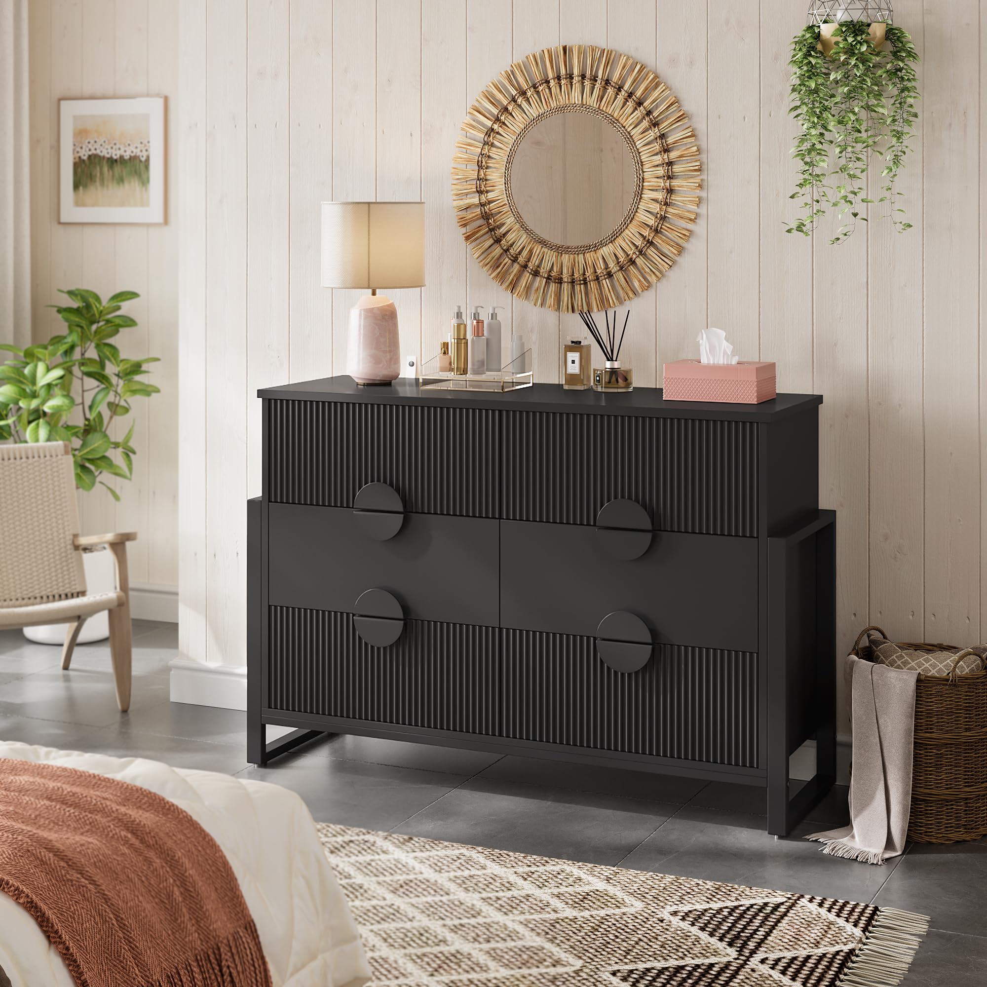 6-Drawer Fluted Dresser with Steel Frame