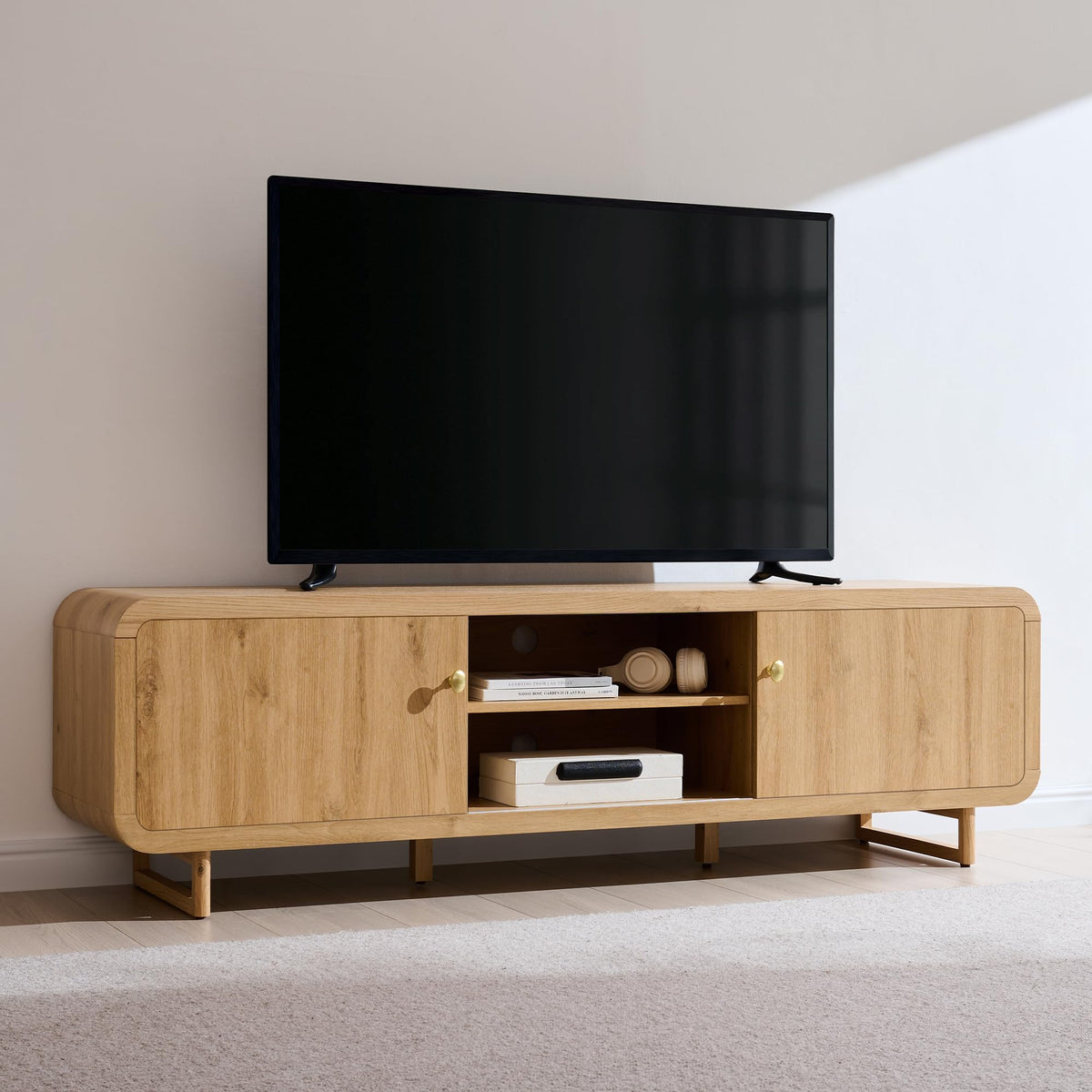 Curved TV Stand with Sliding Doors