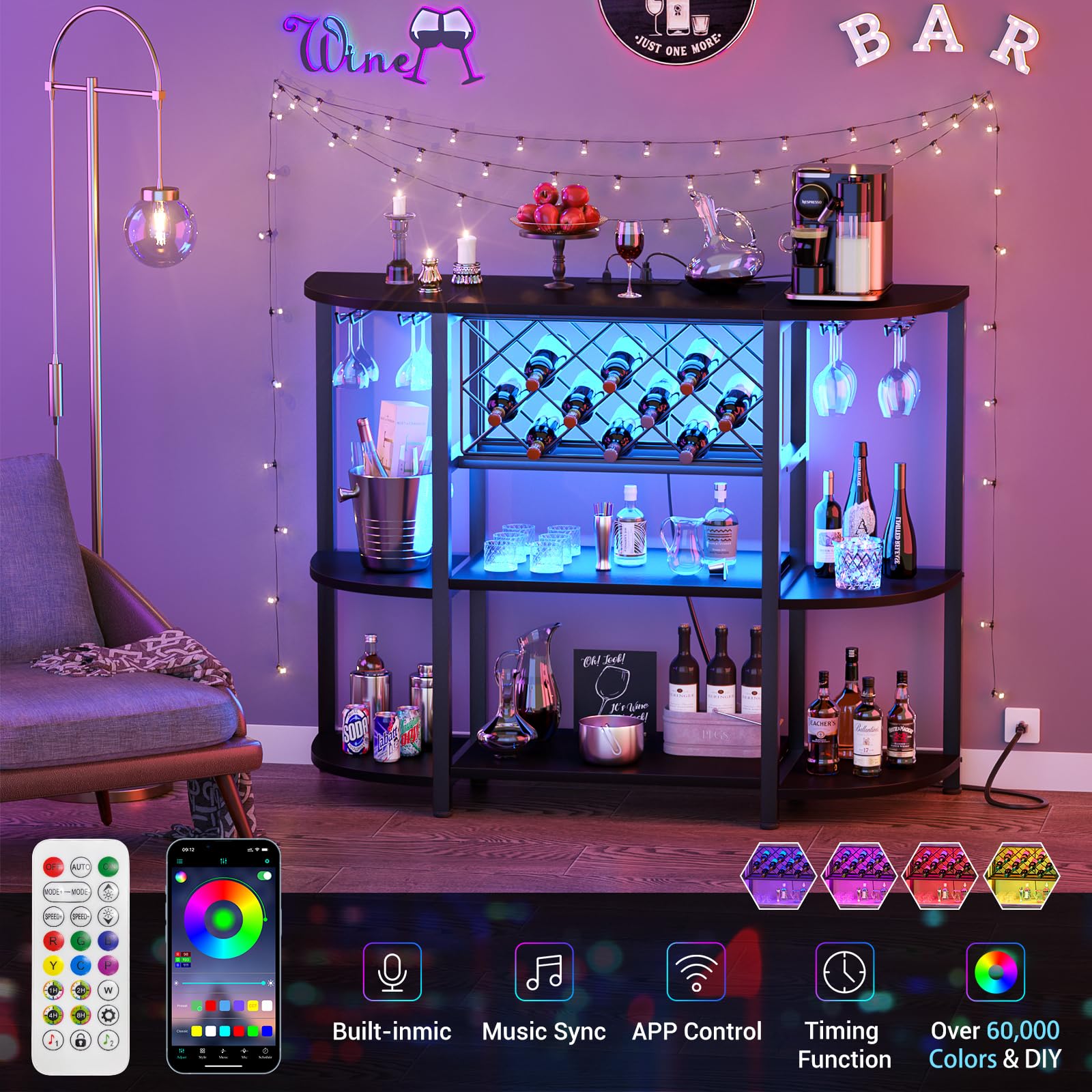 Bar Cabinet with LED Lights & Power Outlets – 4-Tier