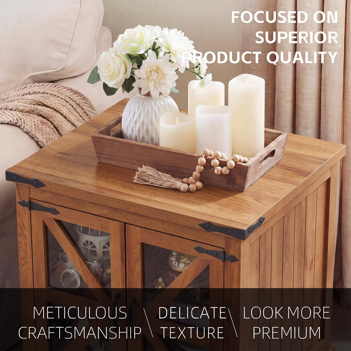 BEROXII Farmhouse End Table, 24" Large End Tables with Storage, Rustic Square Sofa Beside Table with Glass Barn Door, Wood Side Table Square Nightstand for Living Room, Bedroom, Office (Brown)