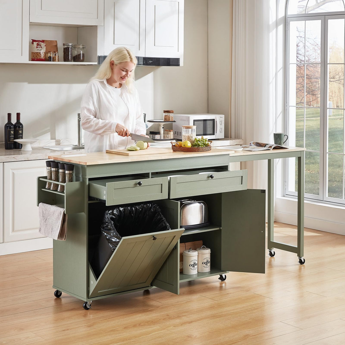 Kitchen Islands with Extendable Dining Table, Mobile Storage Islands, Green