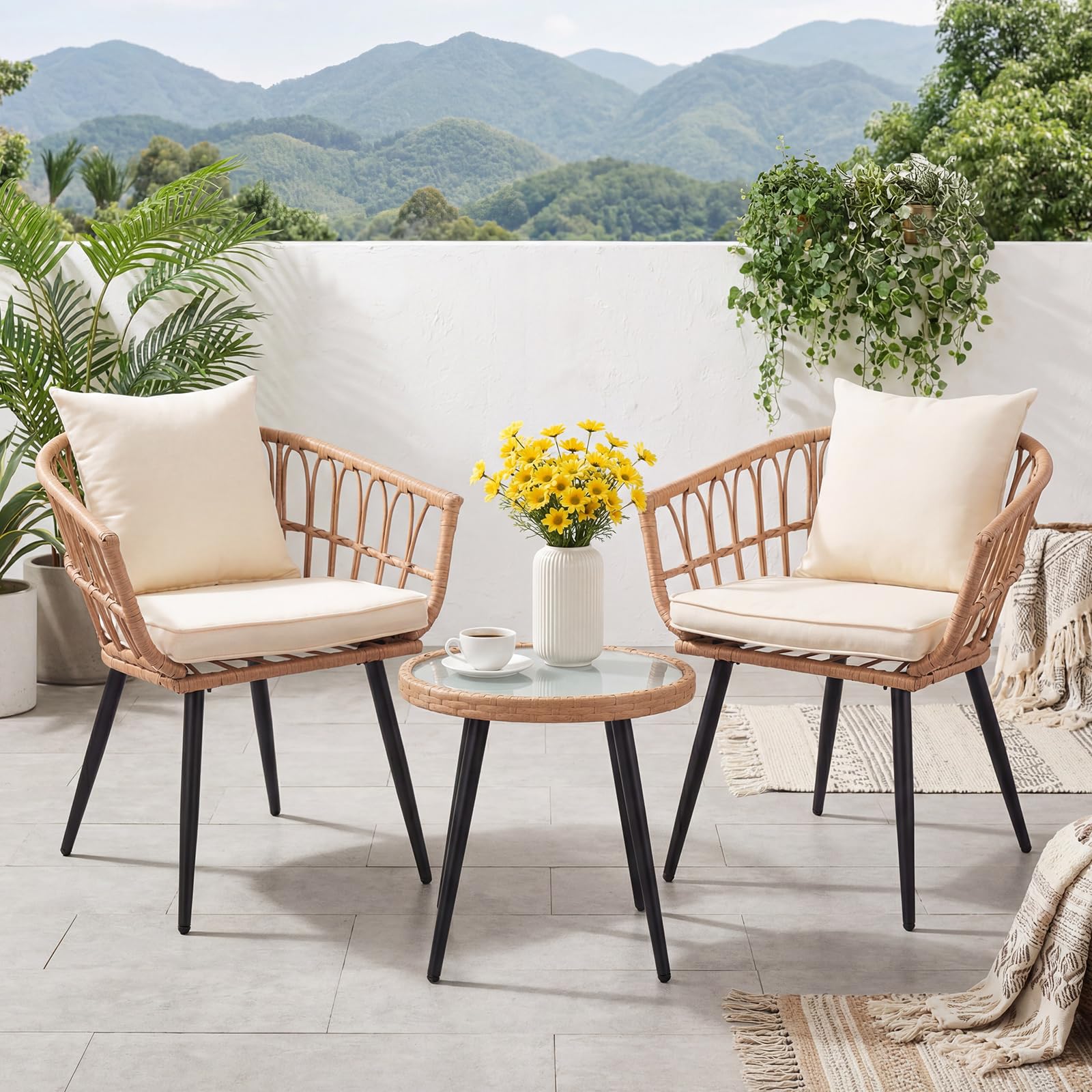3 Piece Patio Bistro Set, Outdoor Wicker Apartment Balcony Furniture Set, All-Weather Rattan Patio Conversation Set for Backyard, Balcony and Porch with Soft Cushions, Tempered Glass Side Table(Beige)