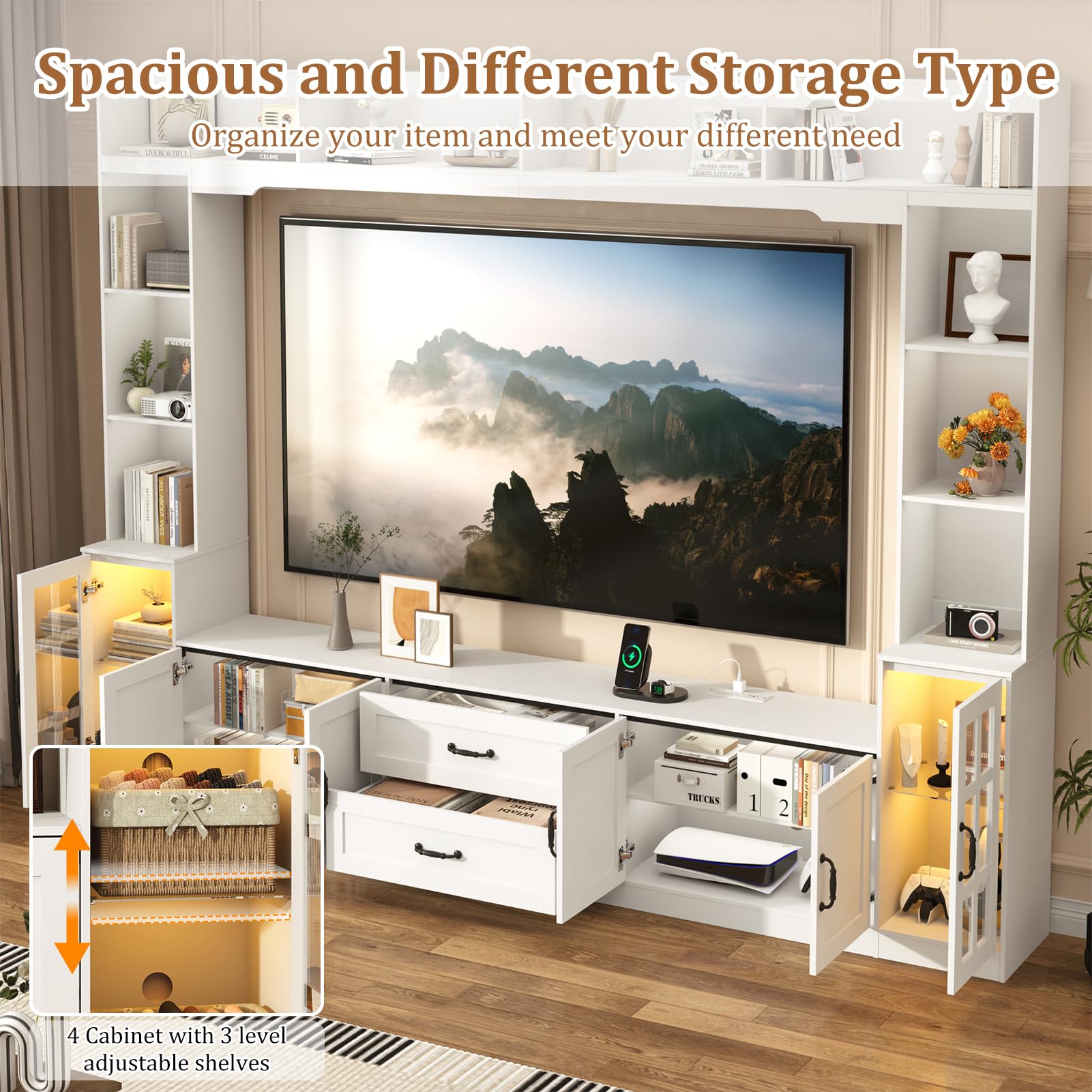 chartustriable 106" Large Wall Unit TV Stand Set w/Bookshelves for 80 90 Inch TV, Entertainment Center w/Open Shelves, Drawers, White Wall Units for Living Room w/Storage,Adjustable Shelves Cabine
