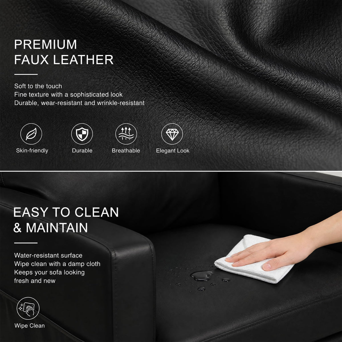 Black Faux Leather Accent Chair Set of 2, Modern Armchair for Living Room