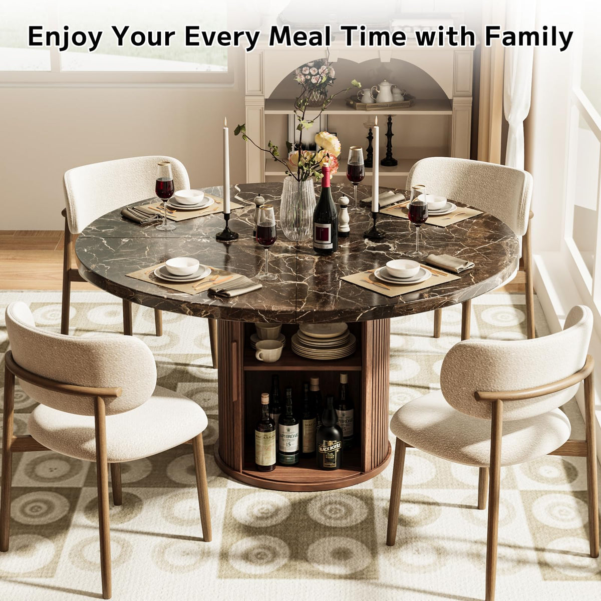Round Faux Marble Dining Table with Storage