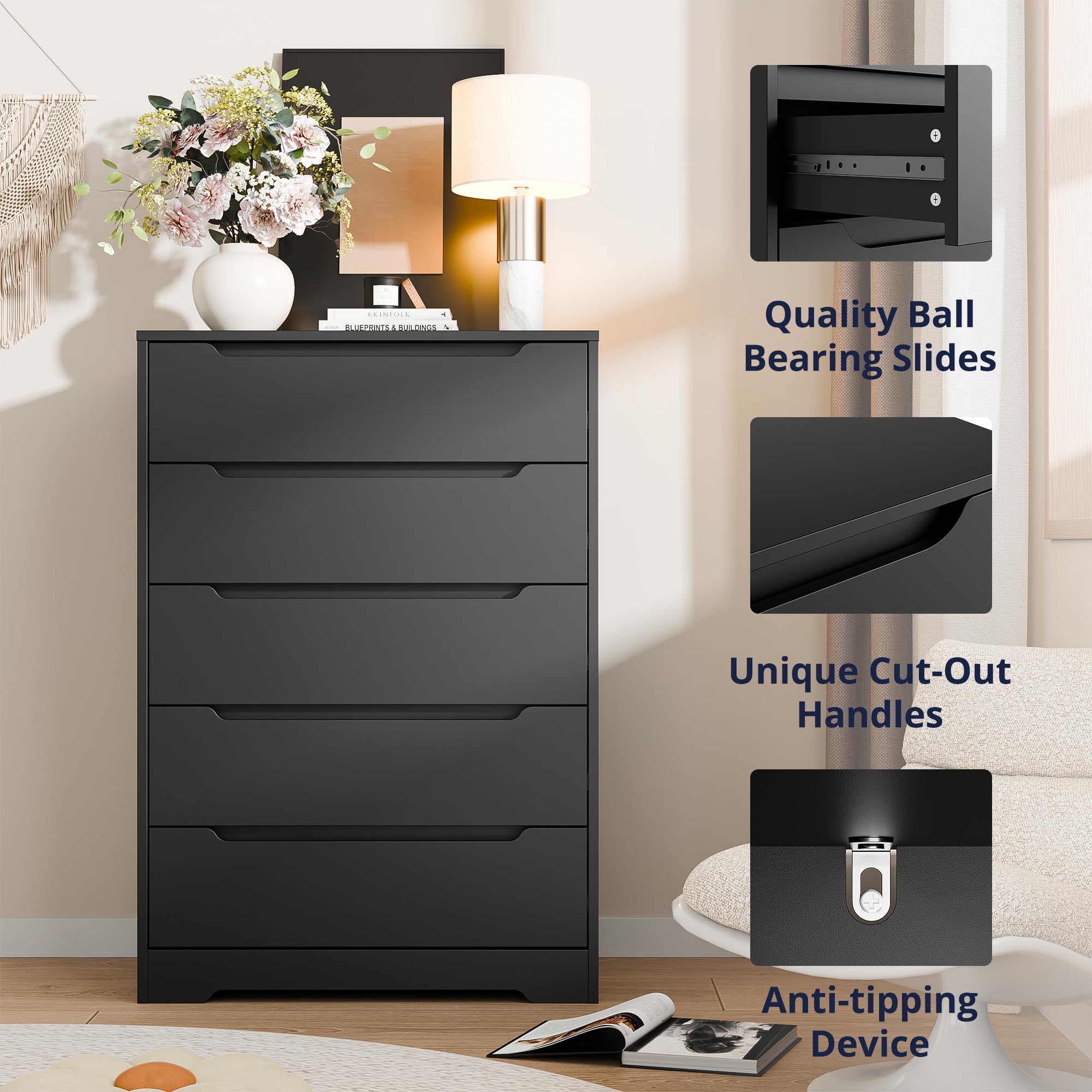 Cozy Castle 5 Drawer Dressers, Modern Chest of Drawers Large Organizer, Wood Accent Storage Cabinet for Living Room, Home Office, Entryway, Black