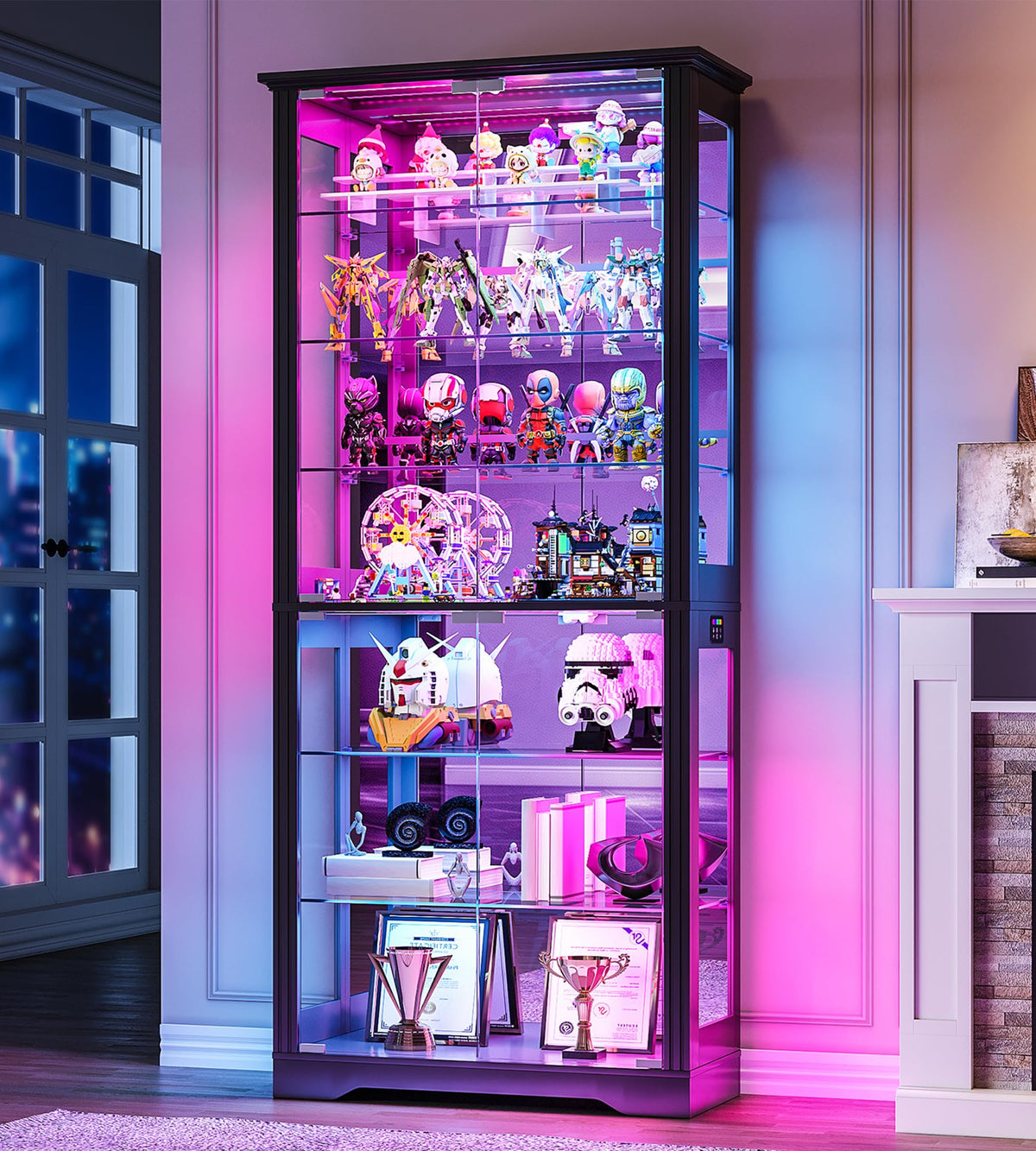 TAGELIER Glass Display Cabinet with RGB Lights & Adjustable Shelves