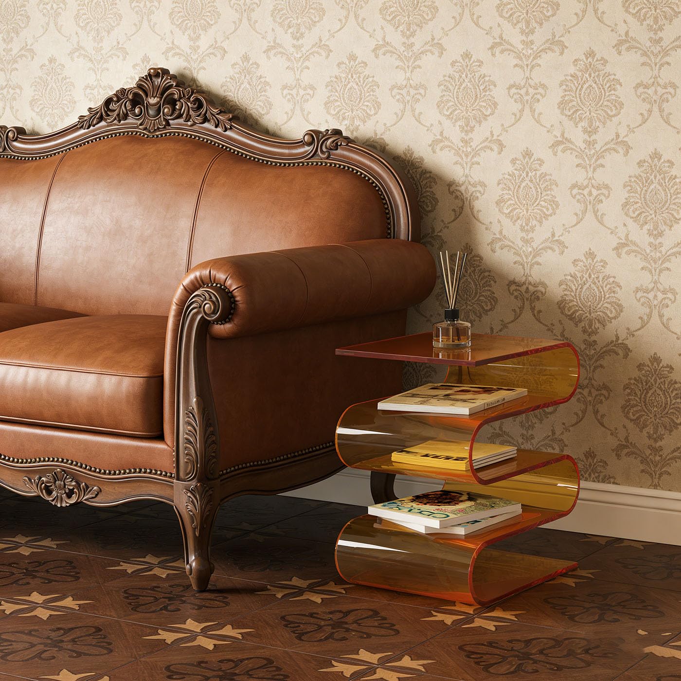 S-Shaped Acrylic Side Table with 3-Tier Magazine Holder