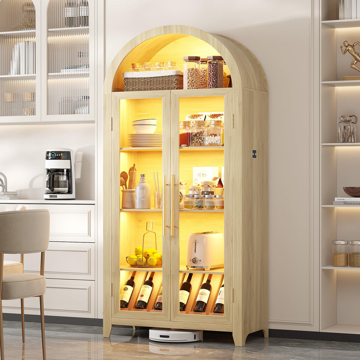Vlsrka 71" Arched Storage Cabinet with Glass Doors and LED Lights, Wood
