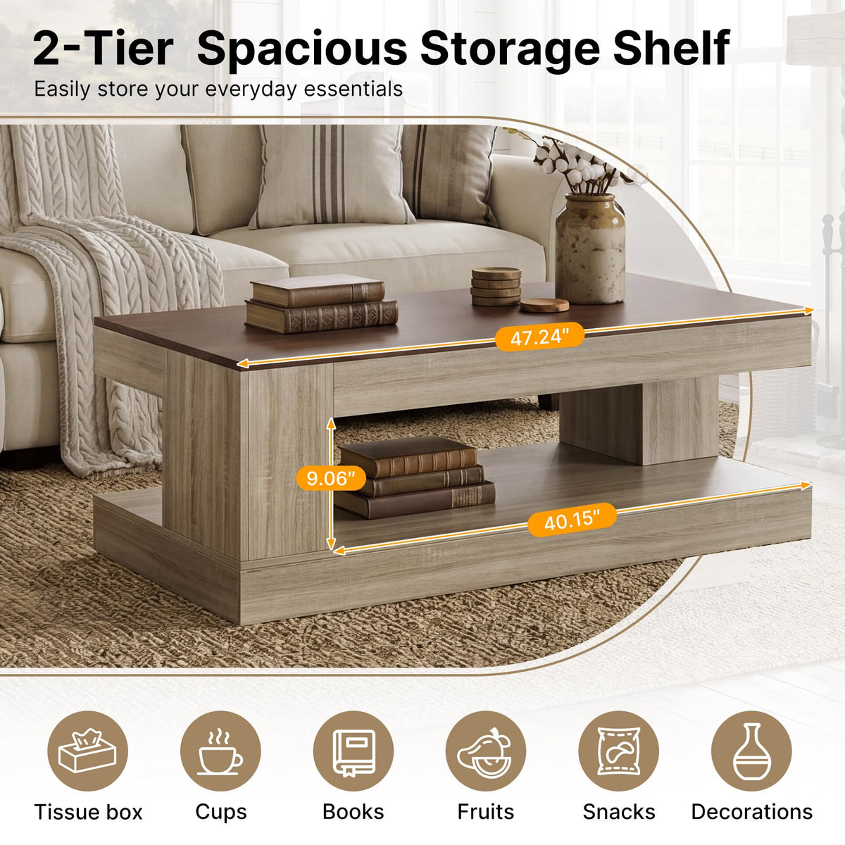 Miereirl Farmhouse Coffee Table with Storage Shelf, 2-Tier Wood Rustic Center Table with LED Light, 47” Rectangular Tea Tables for Living Room, Apartment, Office,Walnut &Light Ash White