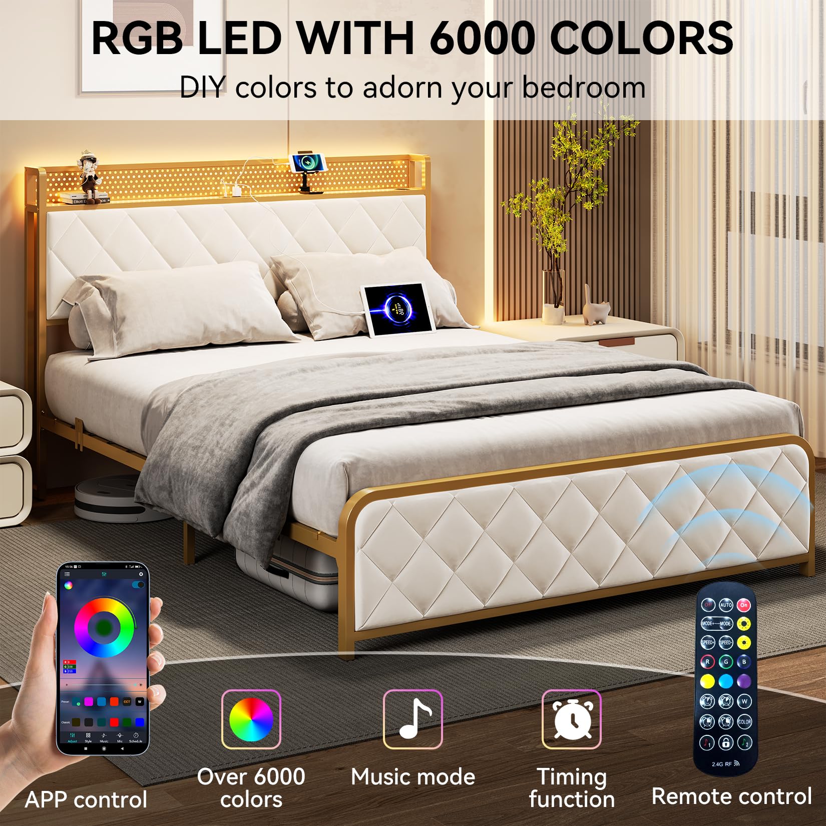 OUTGOODS King Bed Frame with Velvet Storage Headboard, Heavy Duty Steel Slats Support Metal Platform Bed Frame w/Charging Station & LED, APP ＆ Remote Control, Noise-Free/No Box Spring Needed, Beige