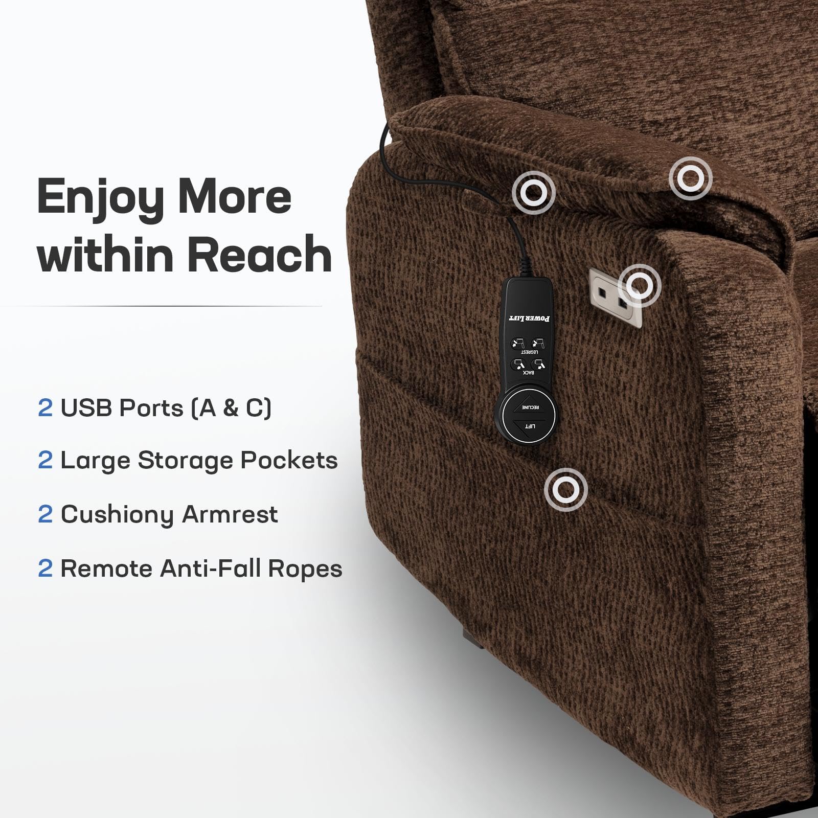 Tami Tami Dual Motor Lay Flat Power Lift Chair Recliner for Elderly with Massage and Heat, Electric Lift Recliner with Infinite Position, USB A&C (T6011 - Chenille, Brown)
