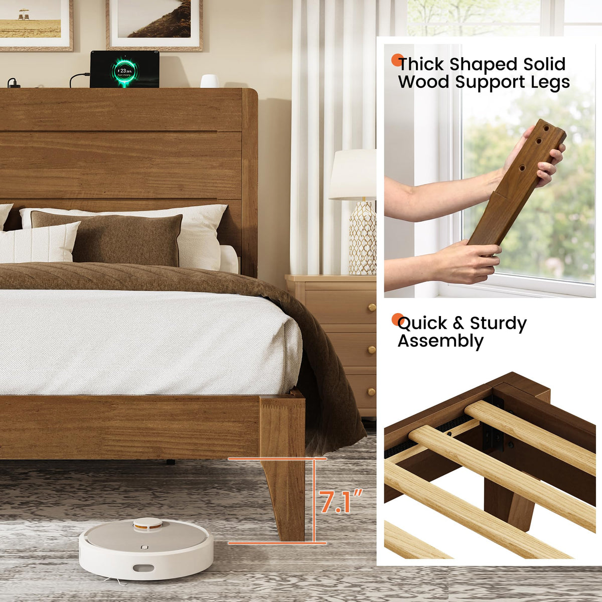 LARMACE King Size Wood Platform Bed Frame with Mid-Century Modern Tall Headboard & Charging Station, Built-in Headboard Shelf, Solid Sustainable Bedframe, No Box Spring Needed, Easy Assembly, Walnut