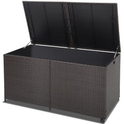 HAPPYGRILL 175 Gallon Outdoor Rattan Deck Box, Wicker Storage Bin with Zippered Liner & 2 Universal Wheels, Safe Pneumatic Rod, Patio Rattan Storage Container for Cushions Pillows