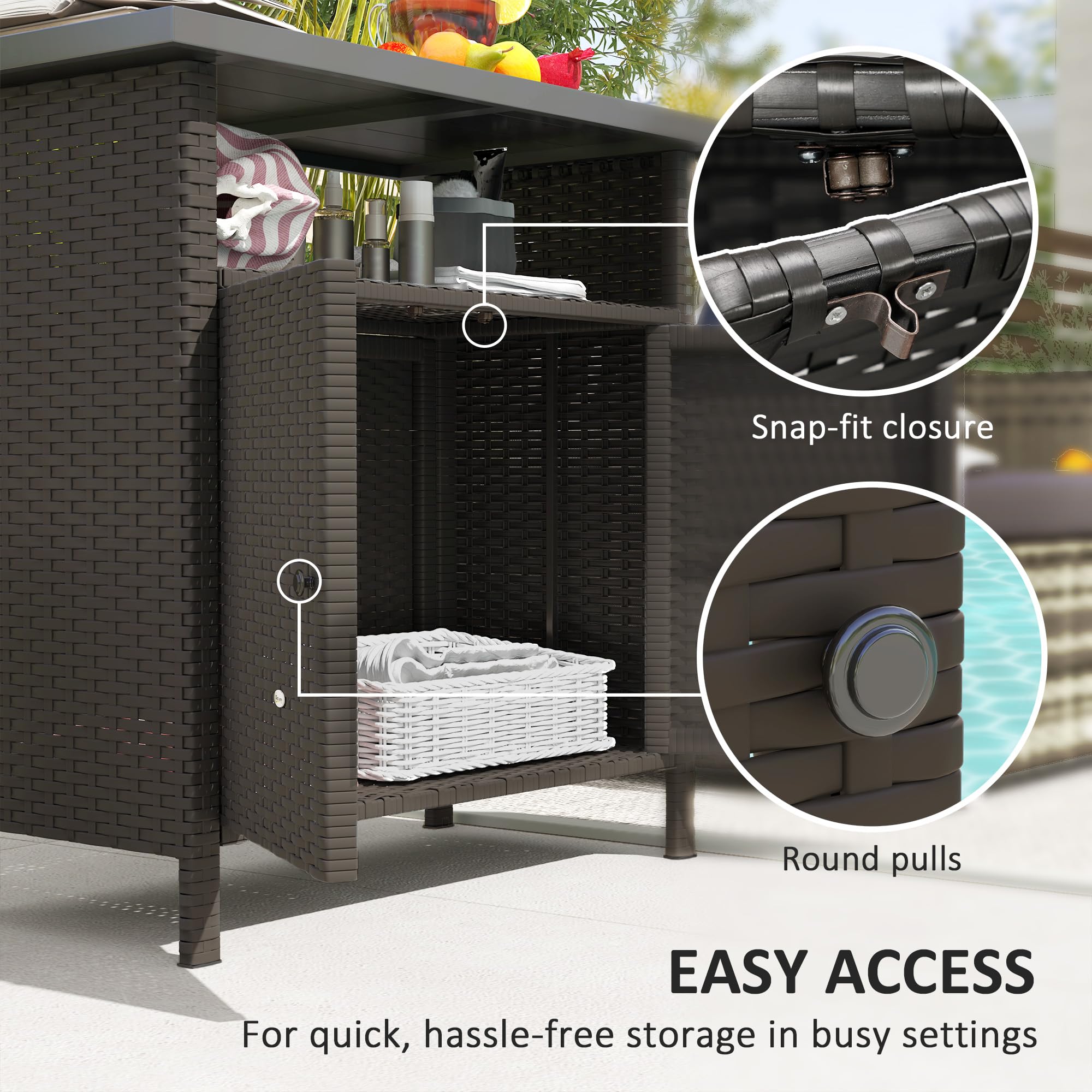 Outsunny Wicker Outdoor Storage Cabinet, Rattan Bar Table with 2 Doors and Shelf, Buffet Sideboard with Metal Slatted Countertop for Poolside, Patio, Backyard, Dark Coffee