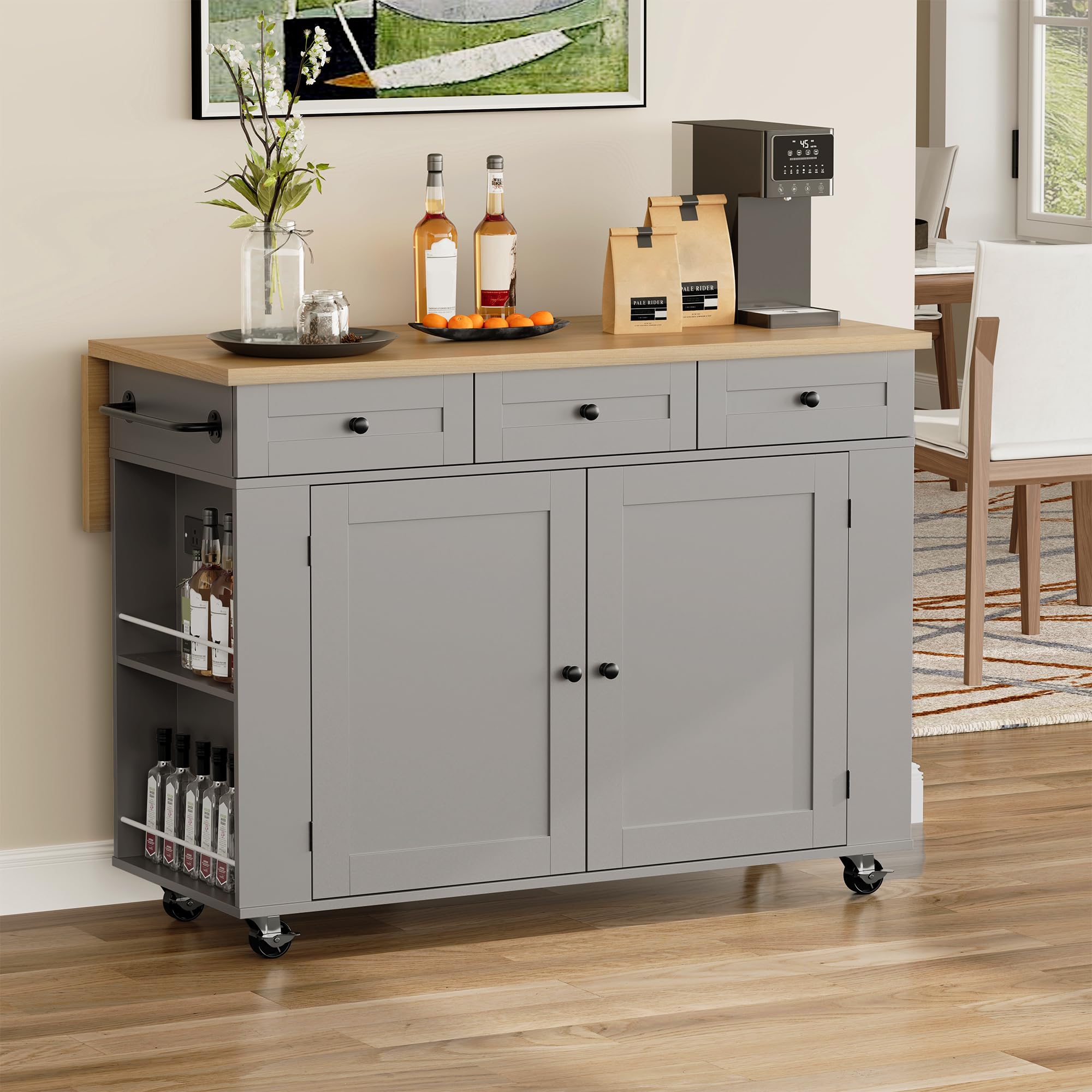 Rolling Kitchen Island with Drop Leaf & Charging Station