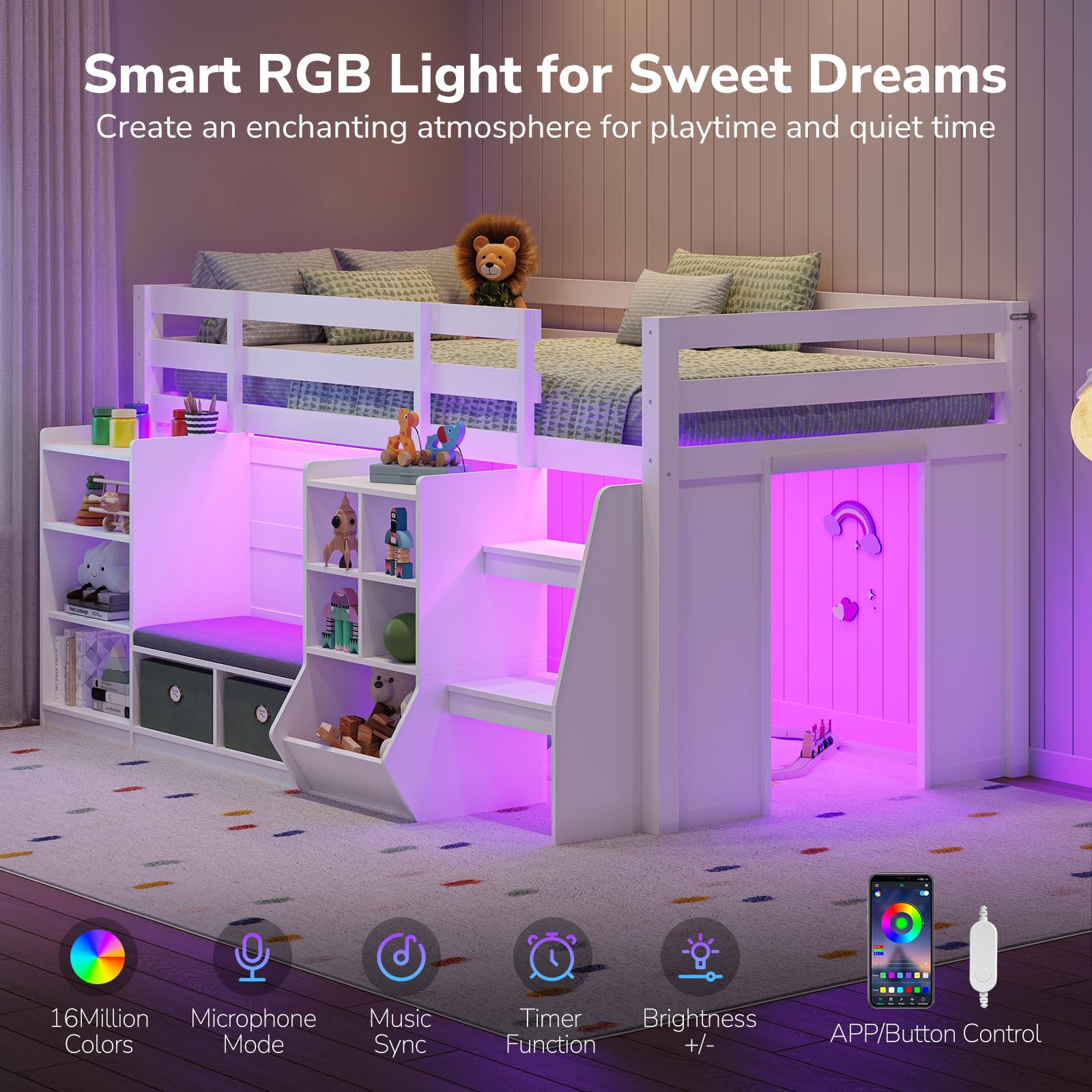 Twin Low Loft Bed with Storage & LED Lights
