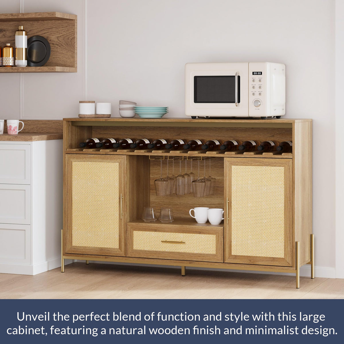 BELLEZE Coffee Bar Cabinet, 55" Rattan Liquor Cabinet, Boho Farmhouse Sideboard Buffet Cabinet with Storage, Accent Bar Cabinet for Living Room, Dining Room, and Entryway - Marcel (Camel)