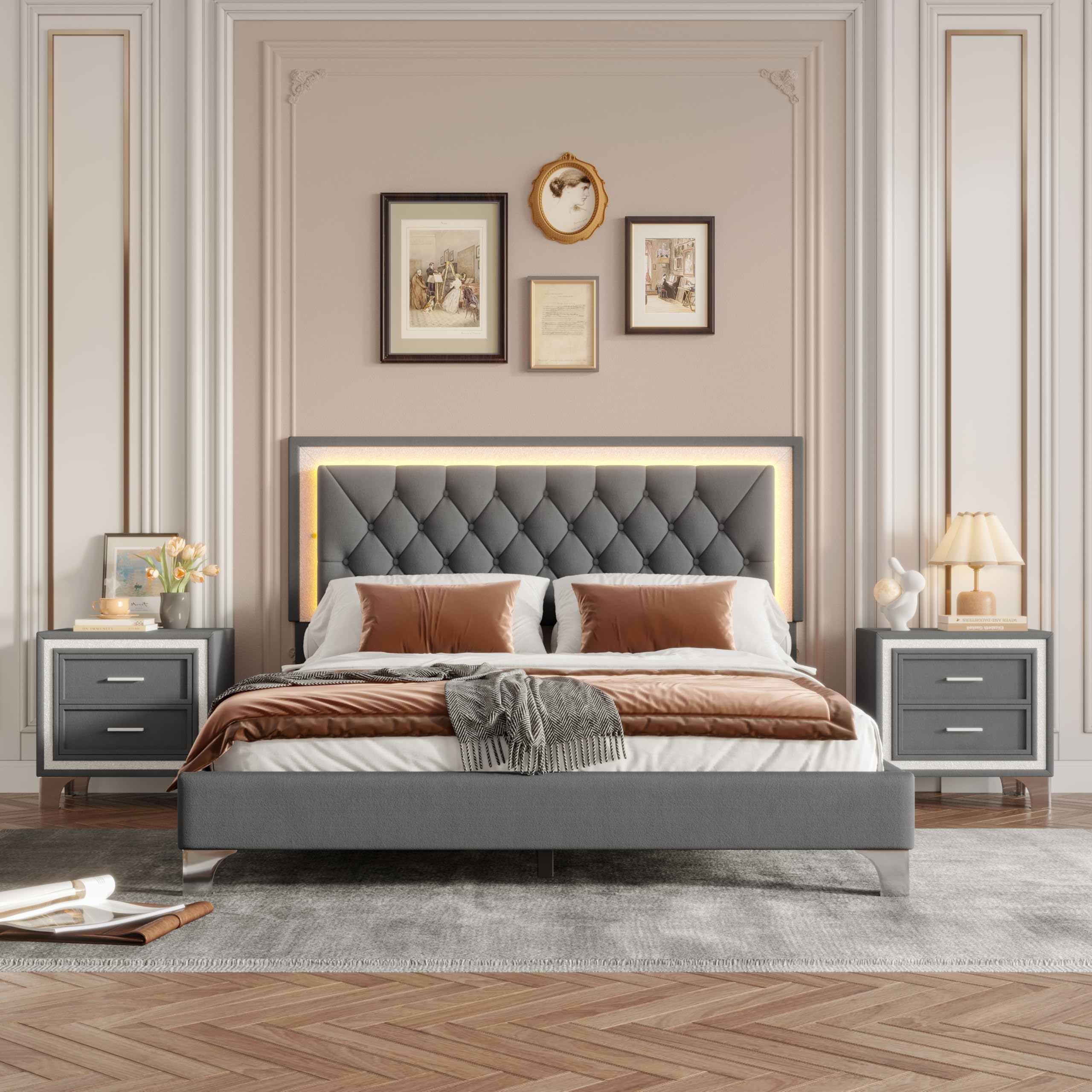 Queen Upholstered Platform Bed with LED & 2 Nightstands