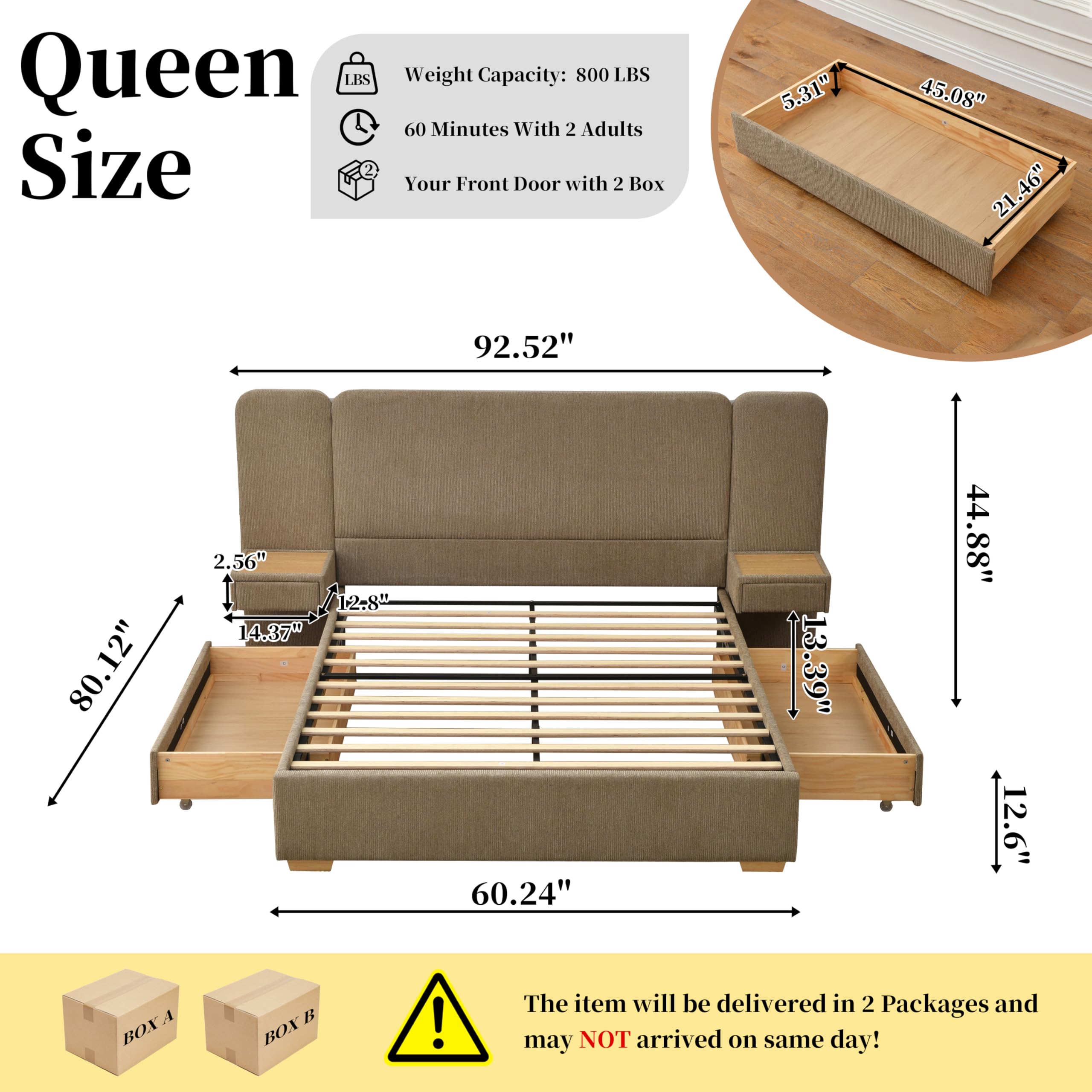 Queen Size Platform Bed Frame with 2 Built-in Nightstands, Wood Bed Frame with 2 Storage Drawers, Luxury Bed Frame with Chenille Upholstered Headboard, Easy Assembly, No Box Spring Needed, Brown