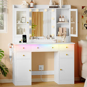 Xixini 44" Vanity Desk with Mirror & Lights, Glass Storage Cabinets, White