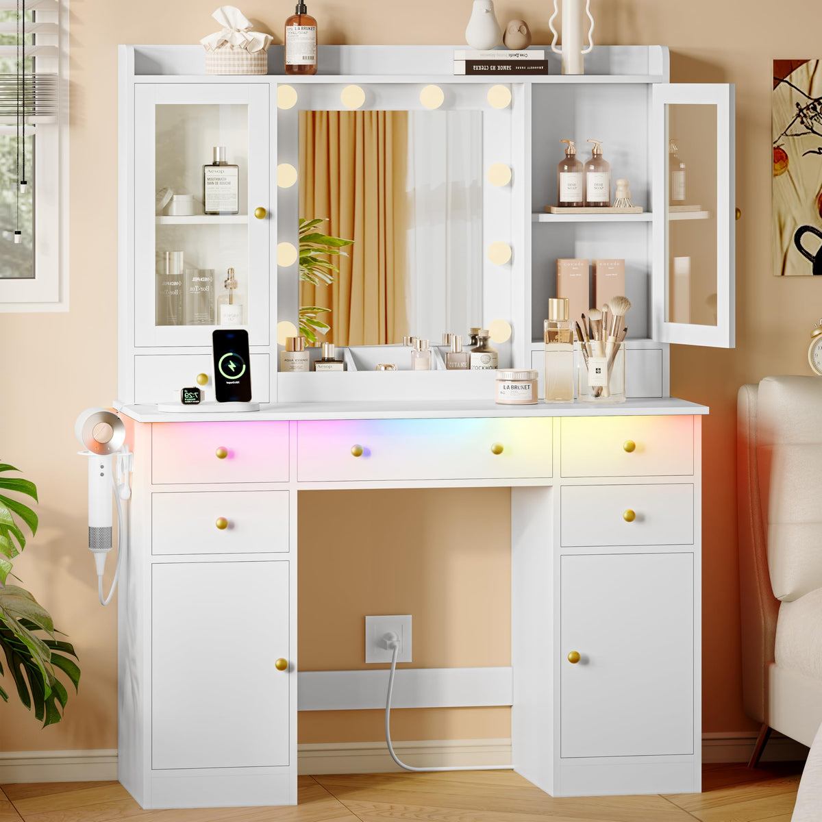 Xixini 44" Vanity Desk with Mirror & Lights, Glass Storage Cabinets, White