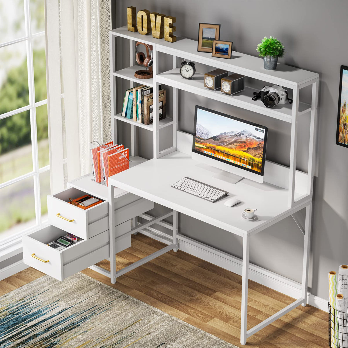 Computer Desk with Hutch and Drawers