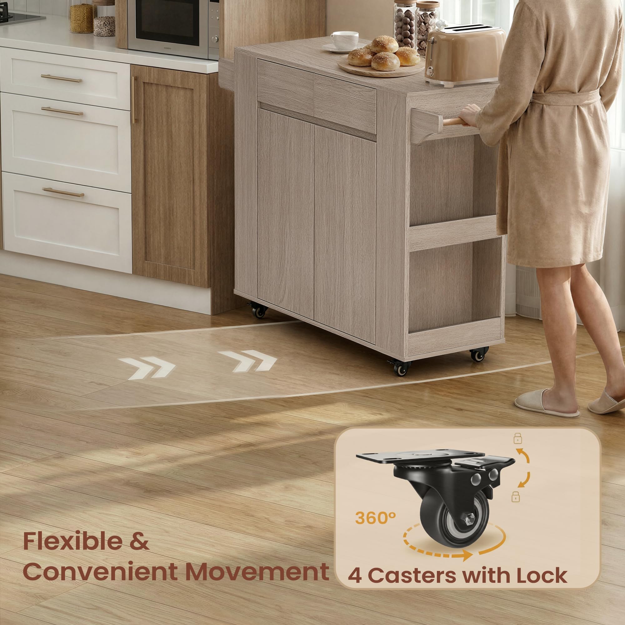 ModernMate 51'' Mobile Kitchen Island with Drop Leaf, Rolling Kitchen Cart with Drawrs & Storage Cabinet on Wheels, Portable Island Table with Spice Rack & Towel Rack for Dining Room, White Oak Gray