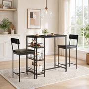 3-Piece Counter Height Dining Set for 2, Small Space Pub Table with 2 Upholstered High-Back Stools, Narrow Kitchen Bar Table with 3-Tier Storage Shelf, Industrial Dining Set for Breakfast Nook