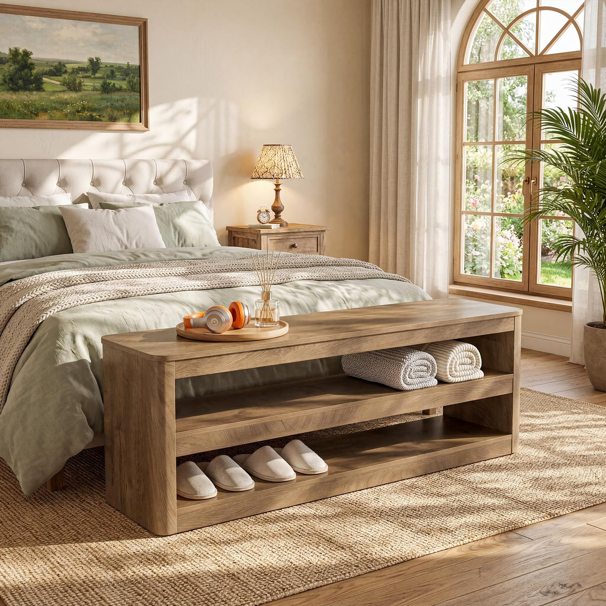 Tribesigns 55" Farmhouse Entryway Bench, 3-Tier Open Storage Shoe Bench with Rounded Corners, Wood Look Indoor End of Bed Seat for Entrance, Hallway, Foyer, Bedroom (Walnut Brown)