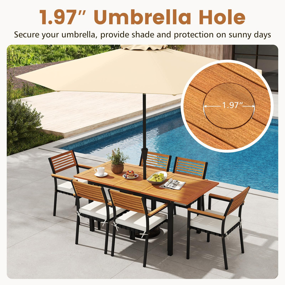 Tangkula 7 Piece Acacia Wood Outdoor Dining Set with 6 Stackable Armchairs