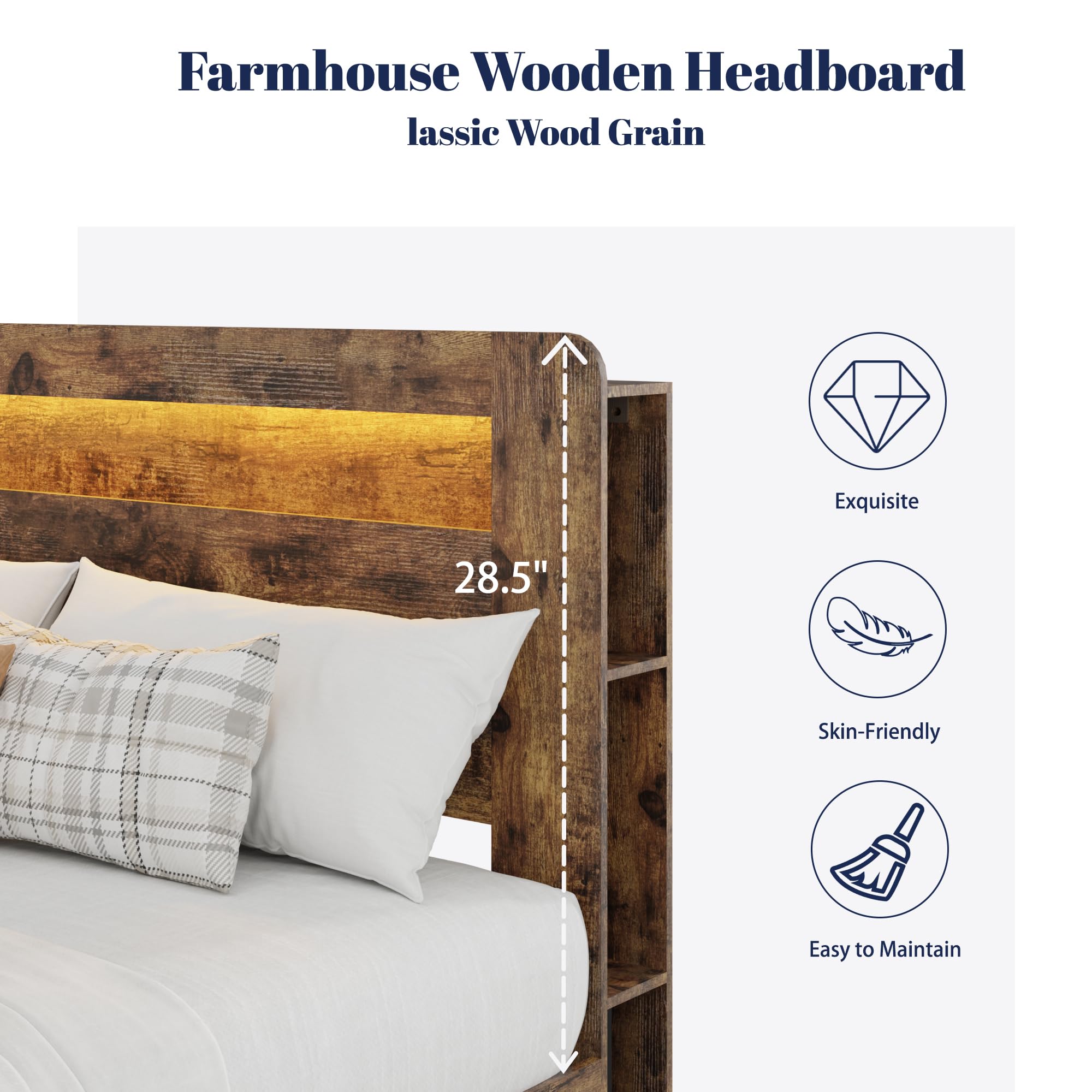 Wooden Platform Bed Frame with Storage Headboard, Charging Station & LED Lights