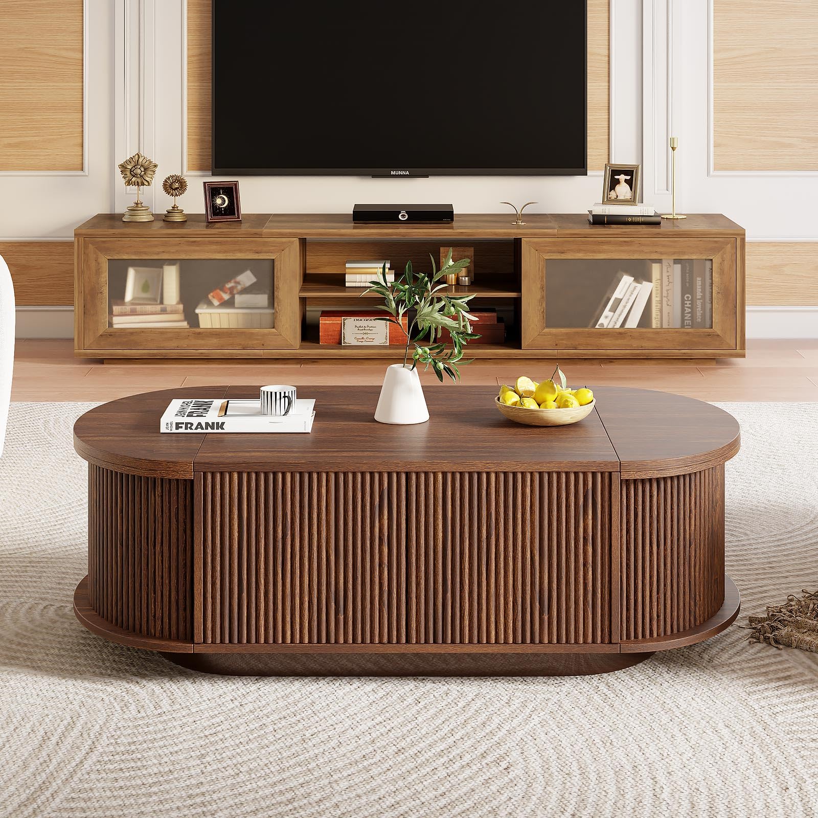 Oval Fluted Coffee Table with Flip-Top Storage
