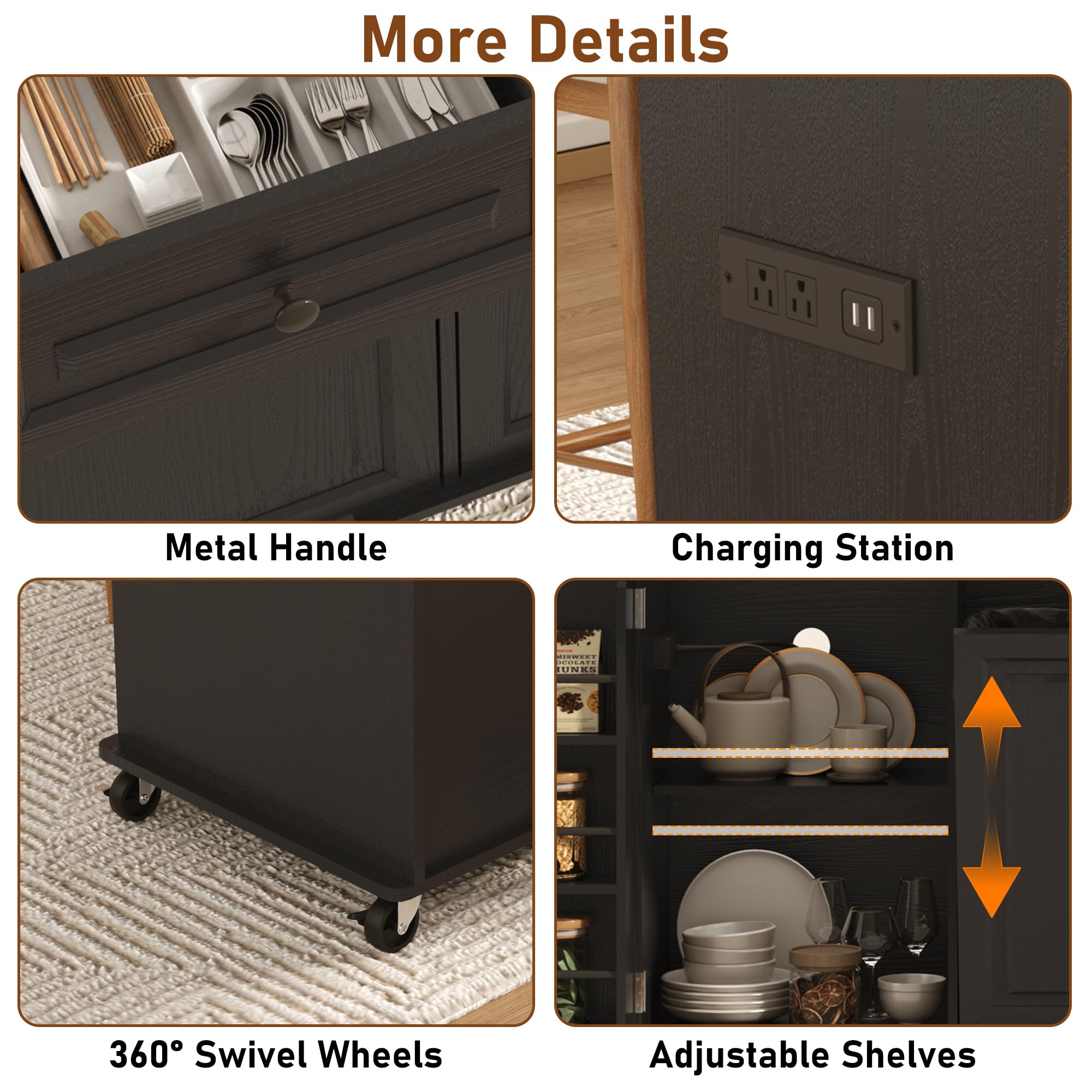 St.Mandyu 63 inch Rolling Kitchen Island with Power Outlet, Drop Leaf & Storage Cabinet - Mobile Cart with Hidden Trash Cabinet, Spice Rack, Shelves, and Towel Holder for Small Spaces,Black