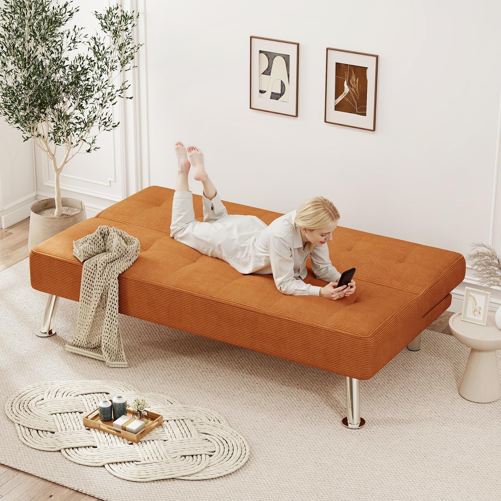 Furnimart Futon Sofa Bed, 66" Corduroy Convertible Futon Couch with 3-Position Adjustable Backrest, Solid Wood Frame Sleeper Sofa for Small Space, Living Room, Apartment, Office, Burnt Orange
