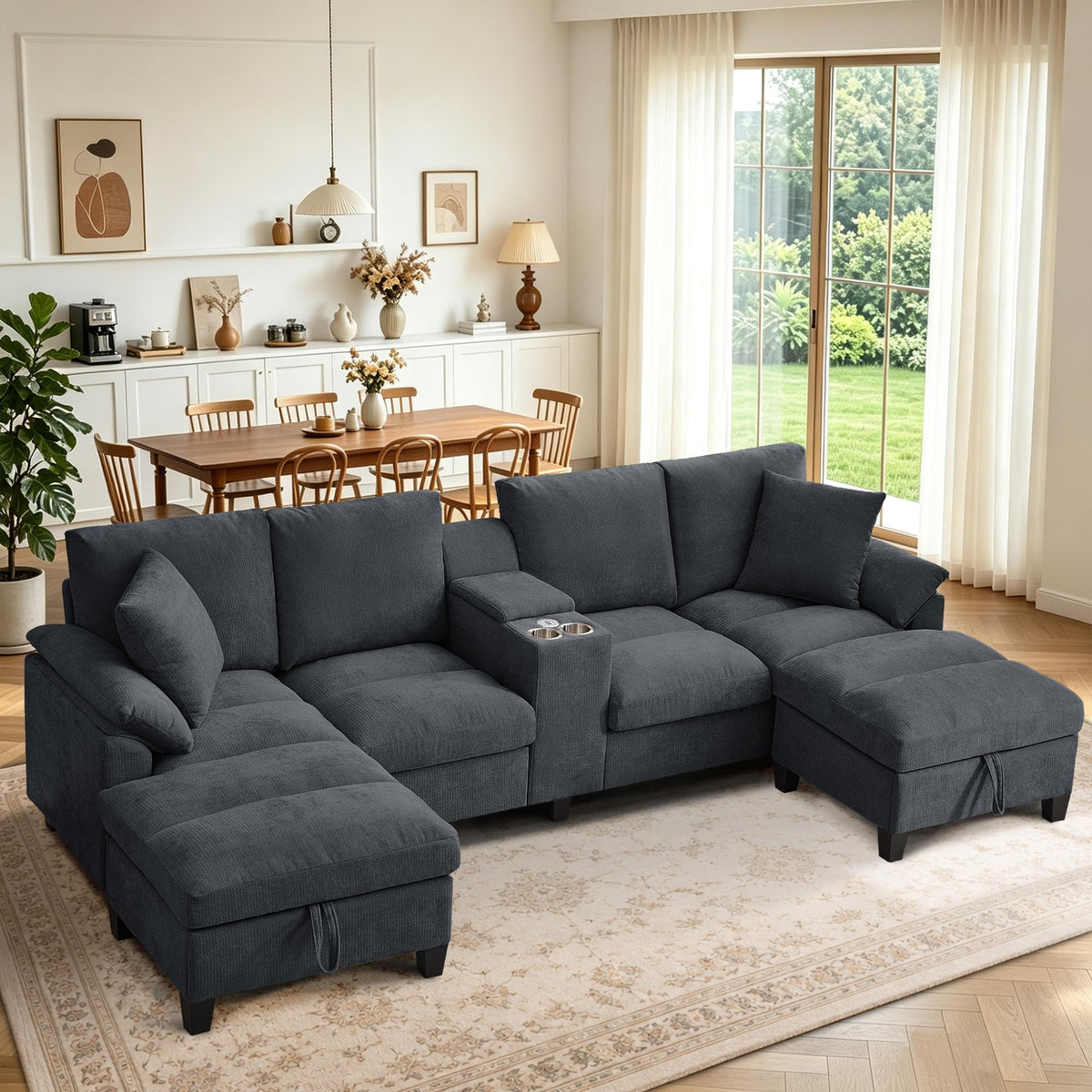 116" U Shaped Couch with Console, 4-Seater Sectional Sofa Set with Double Chaise Lounges | Storage Ottomans | USB Ports | Couch with Cup Holder, Modern Linen Couches for Living Room, Dark Grey